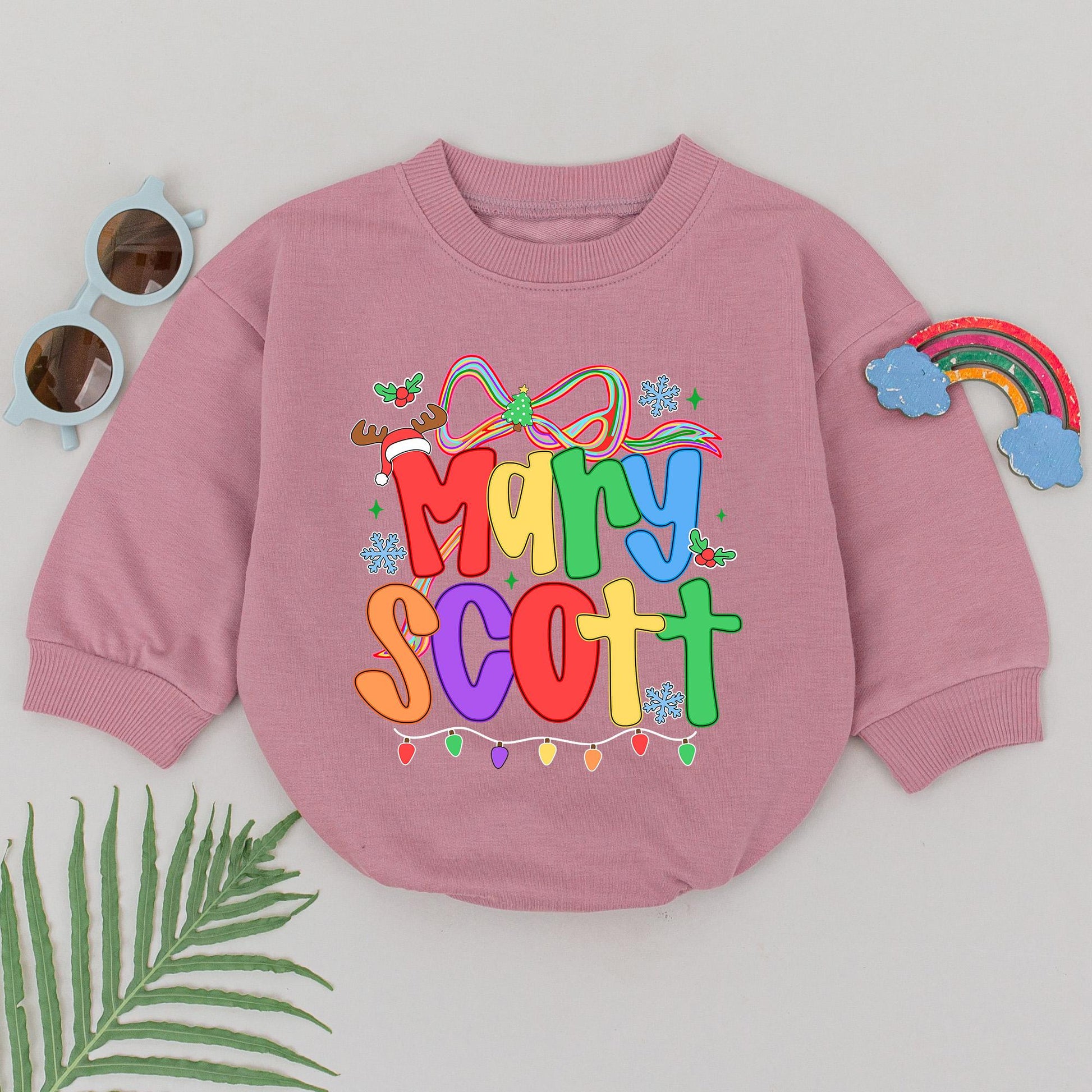 Baby's First Christmas Romper Rainbow Name Personalized Festive Snowflakes Lights Reindeer Antler Hat Outfit