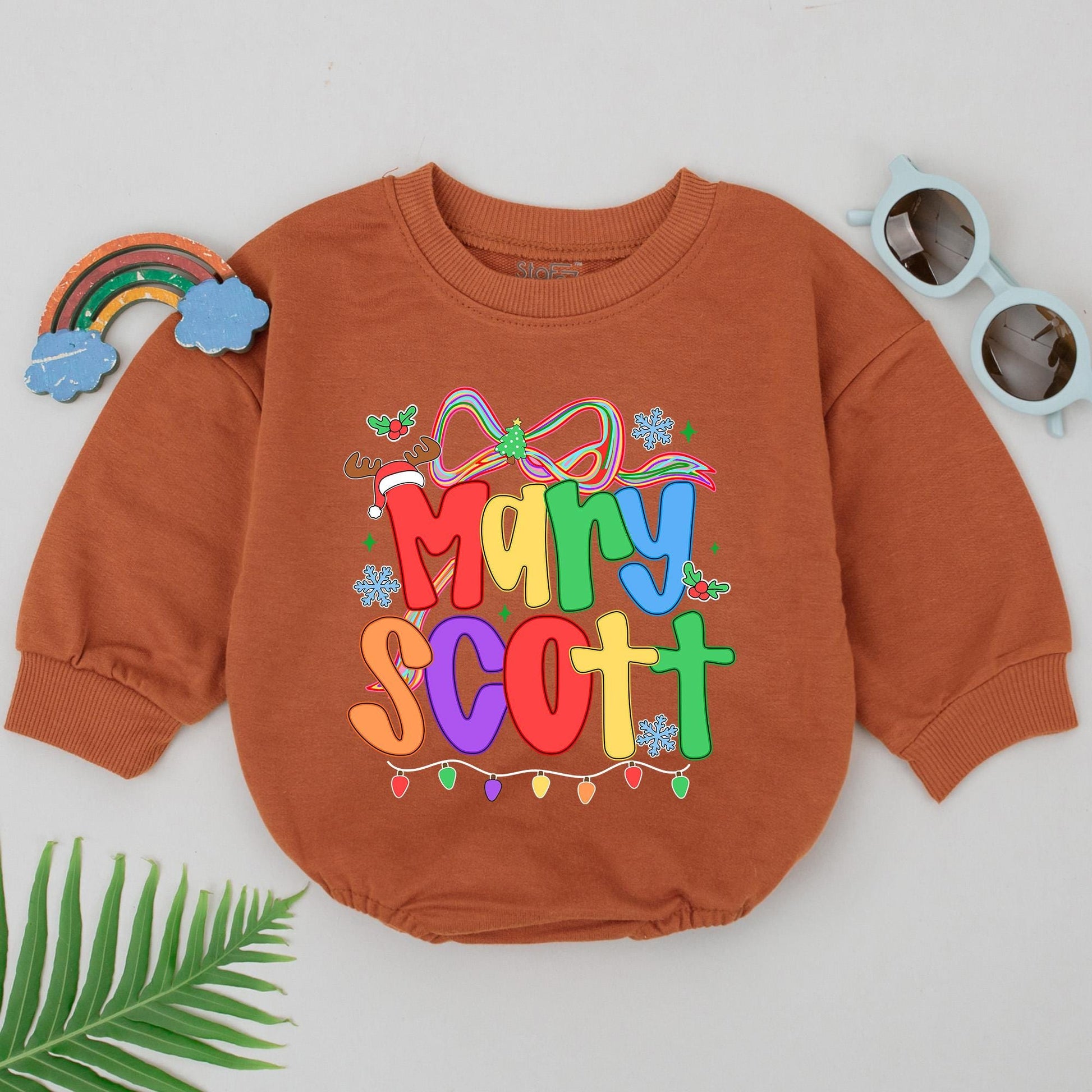 Baby's First Christmas Romper Rainbow Name Personalized Festive Snowflakes Lights Reindeer Antler Hat Outfit