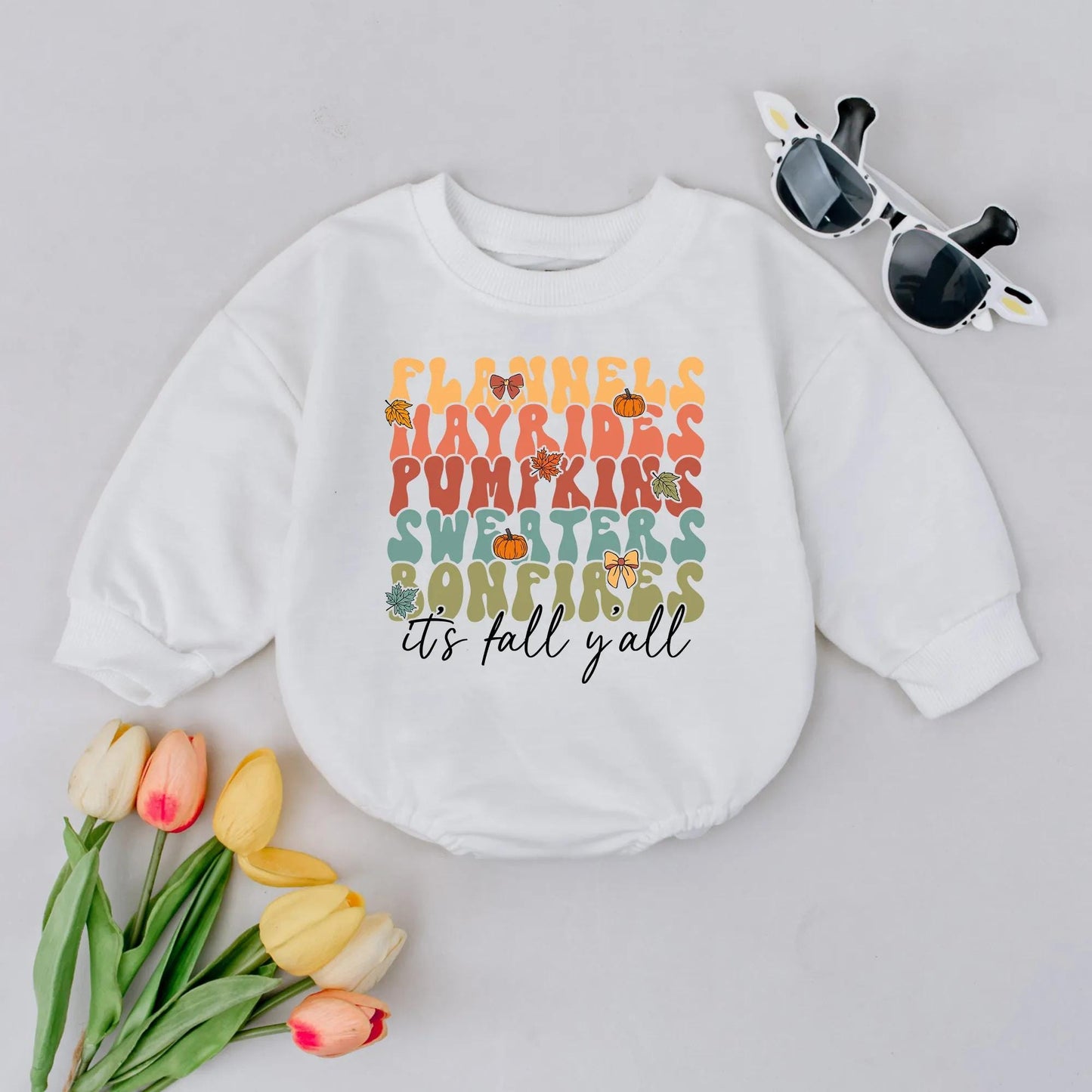 Fall Baby Romper: Flannels, Hayrides, Pumpkins & Bonfires Bodysuit, Retro Thanksgiving Outfit, It's Fall Y'all, Cozy Infant Clothes, Baby Shower Gift 137