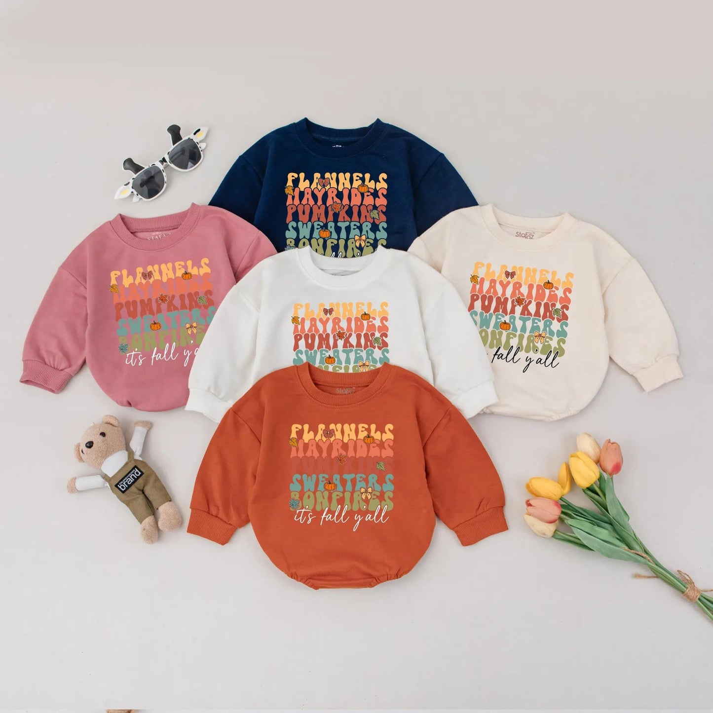 Fall Baby Romper: Flannels, Hayrides, Pumpkins & Bonfires Bodysuit, Retro Thanksgiving Outfit, It's Fall Y'all, Cozy Infant Clothes, Baby Shower Gift 137
