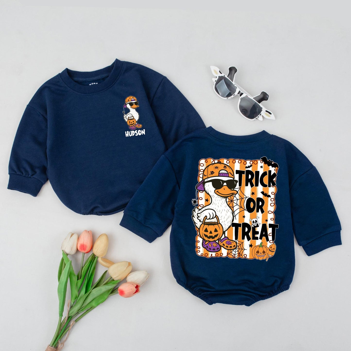 Halloween Baby Bodysuit with Goose in Sunglasses & Trick or Treat Design | Spooky Fall Outfit for Baby Girl or Boy | Baby Shower Gift