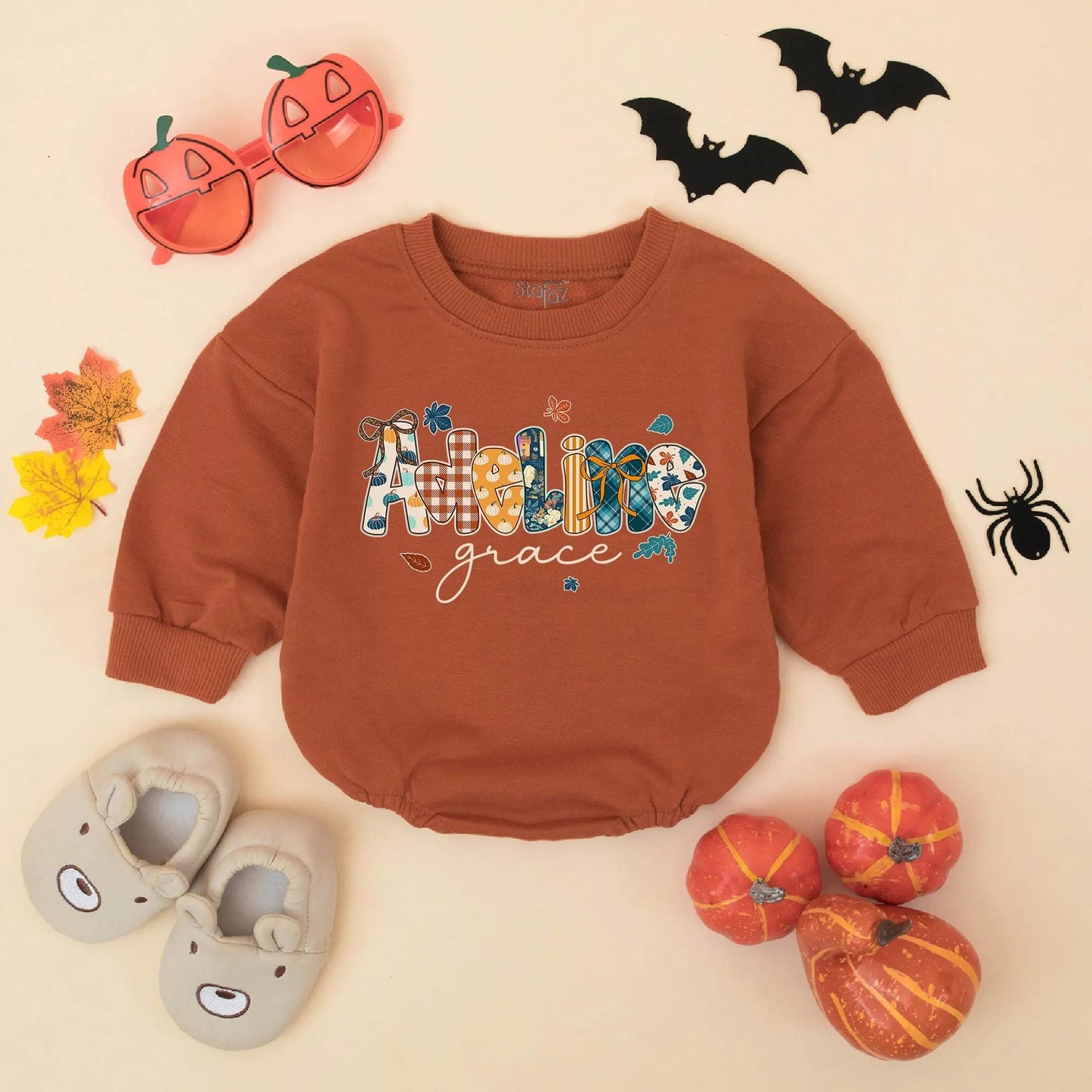 Adeline Grace Personalized Fall Baby Girl Romper Custom Pumpkin Autumn Toddler Bodysuit Thanksgiving Gift Idea