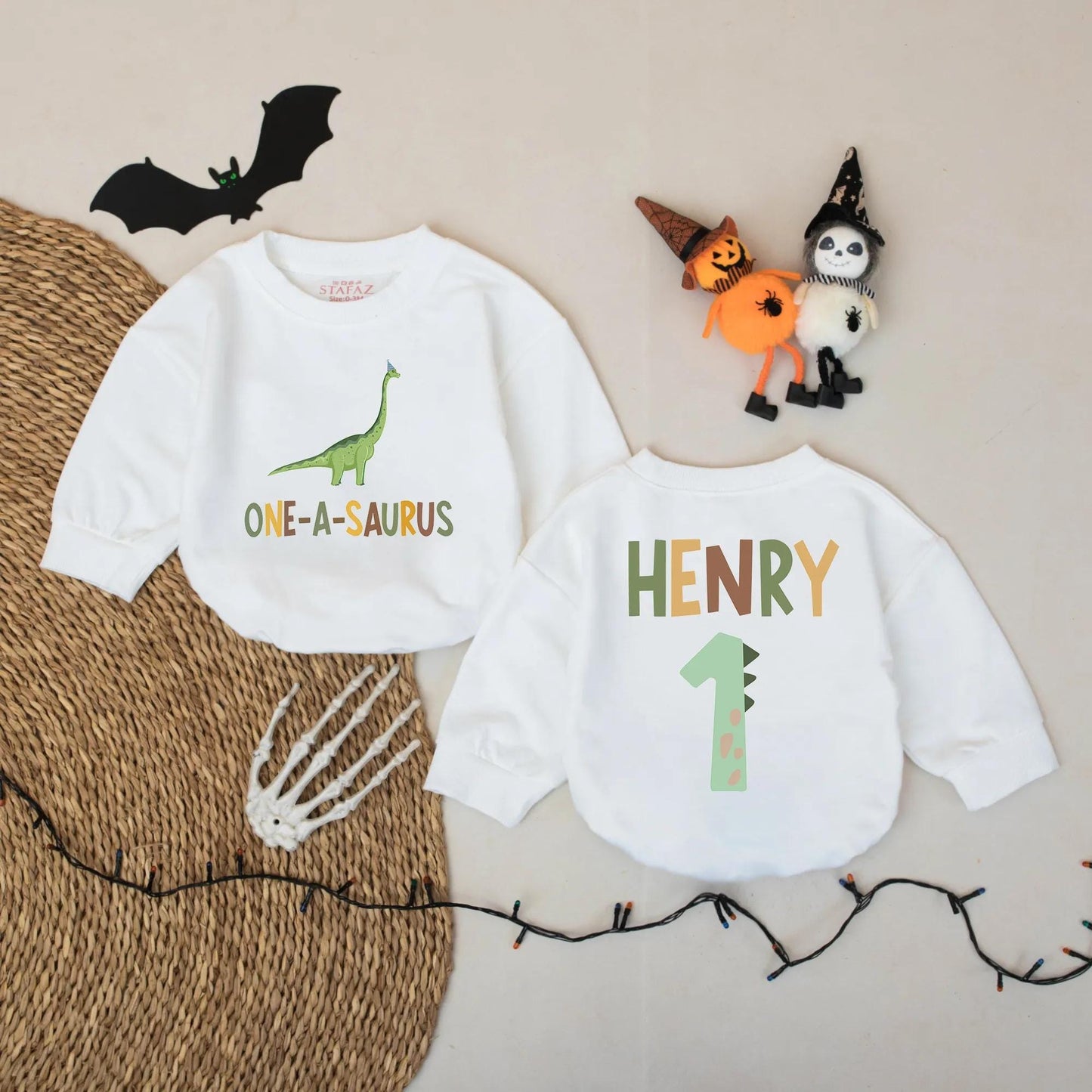 Personalized Baby Boy First Birthday Dinosaur Romper One-A-Saurus Outfit with Custom Name Party Hat Fun Celebration Bubble Bodysuit Gift