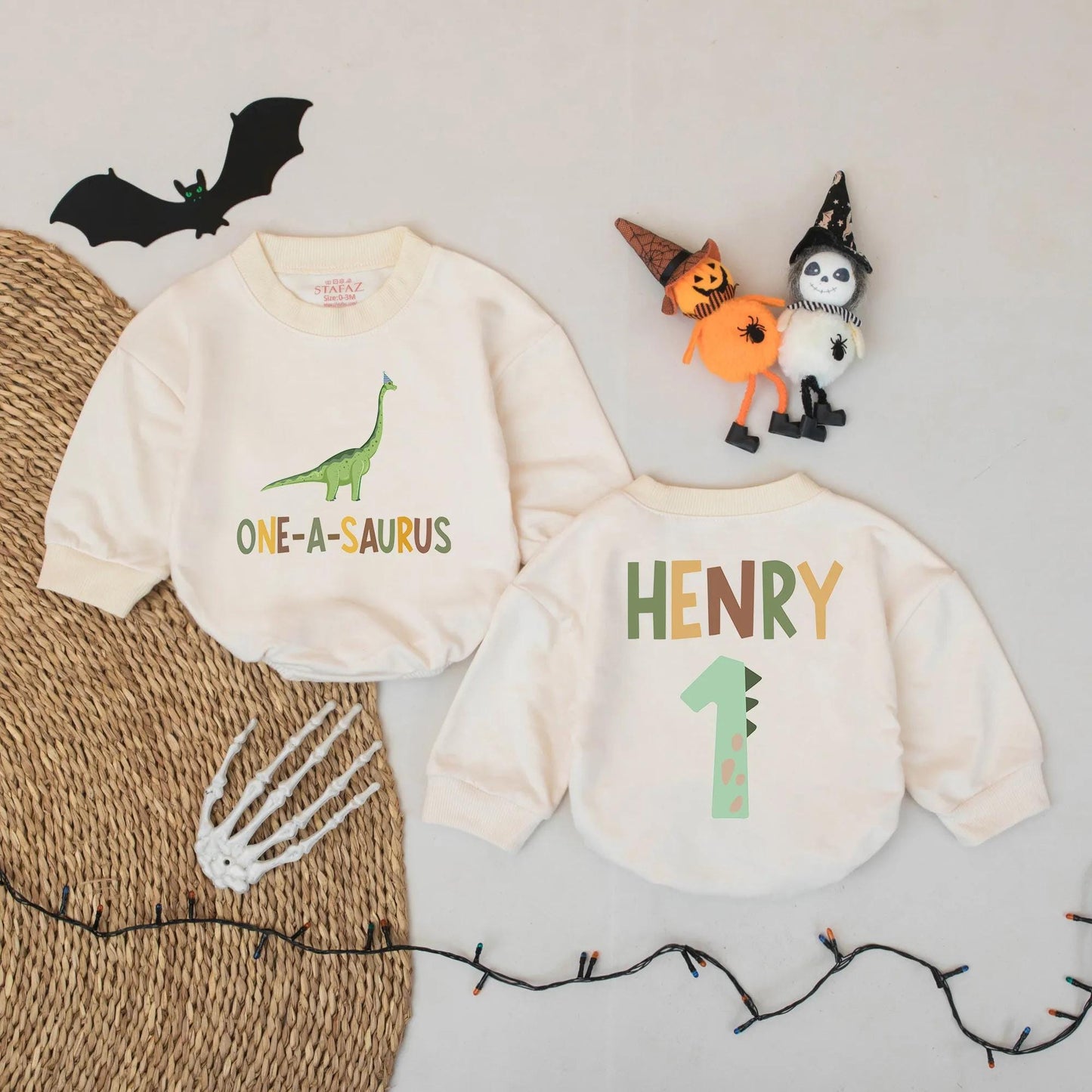 Personalized Baby Boy First Birthday Dinosaur Romper One-A-Saurus Outfit with Custom Name Party Hat Fun Celebration Bubble Bodysuit Gift