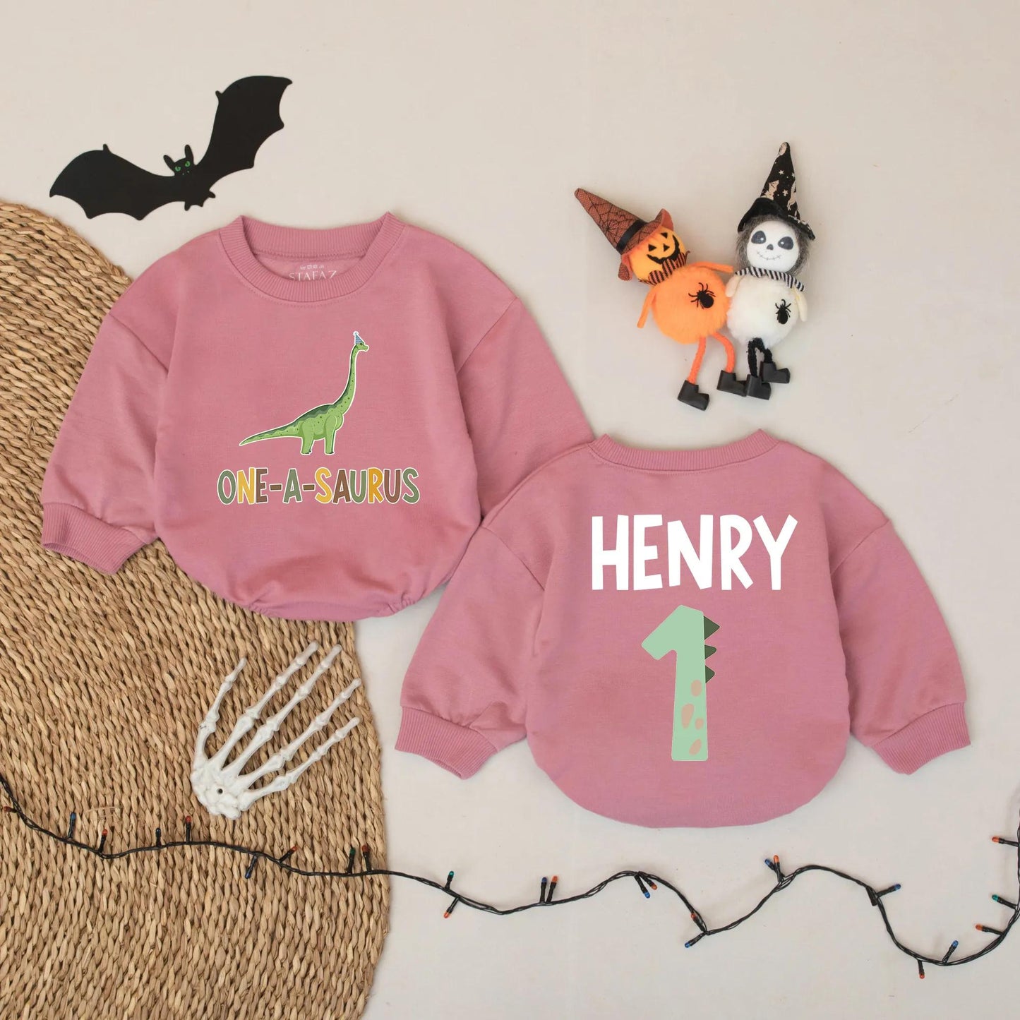 Personalized Baby Boy First Birthday Dinosaur Romper One-A-Saurus Outfit with Custom Name Party Hat Fun Celebration Bubble Bodysuit Gift