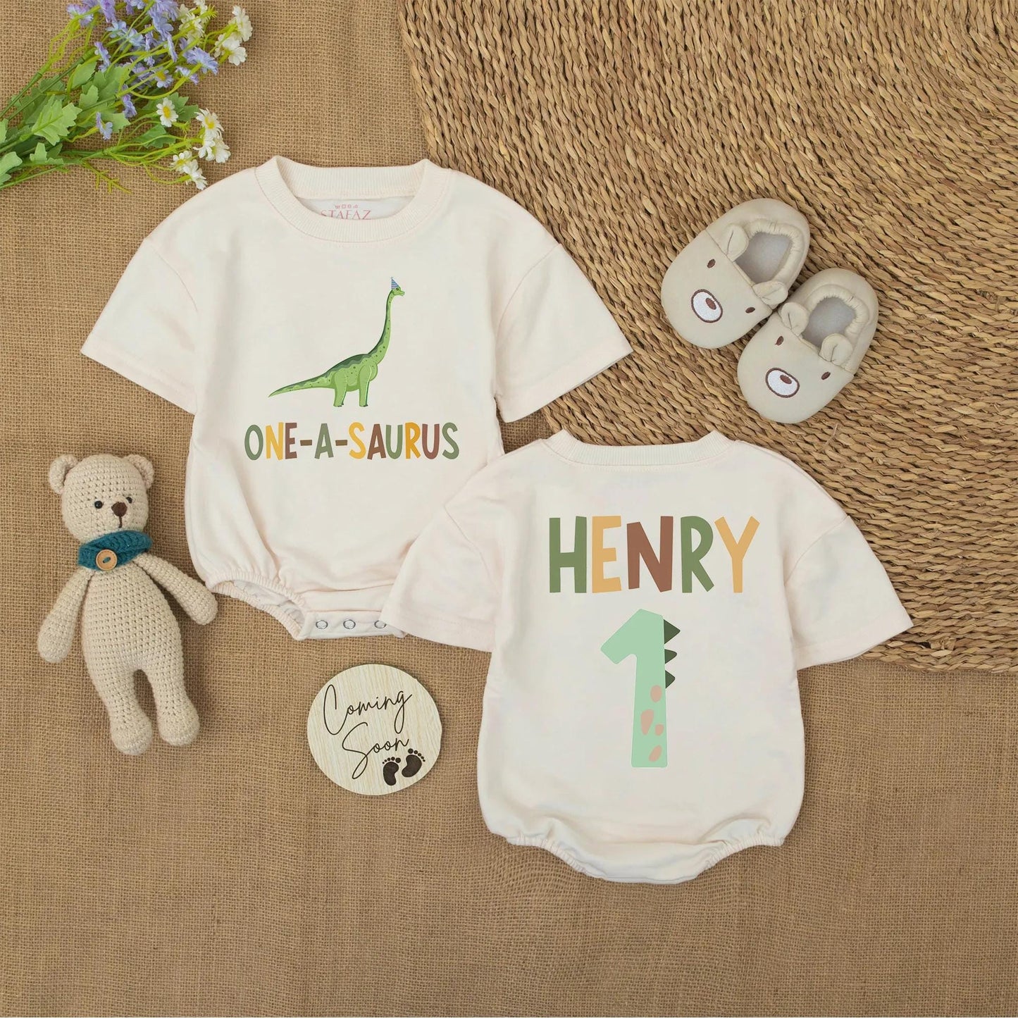 Personalized Baby Boy First Birthday Dinosaur Romper One-A-Saurus Outfit with Custom Name Party Hat Fun Celebration Bubble Bodysuit Gift