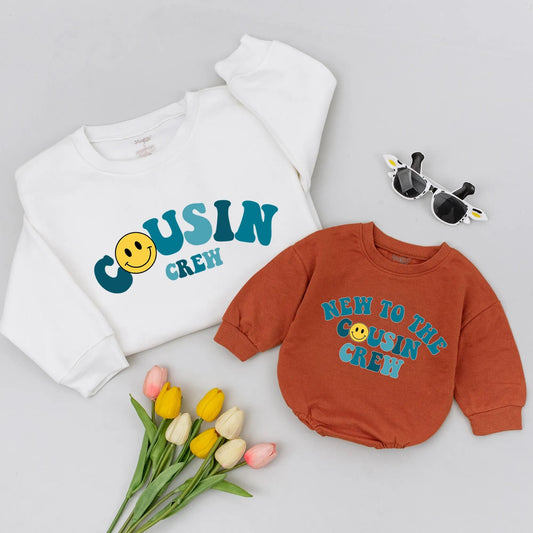 Cousin Crew Matching Shirts: Smiley Face Onesie & Sweatshirt, Retro Cousin Gift Set, Family Trip, New Baby Outfit, Cute & Comfy Cousins Apparel