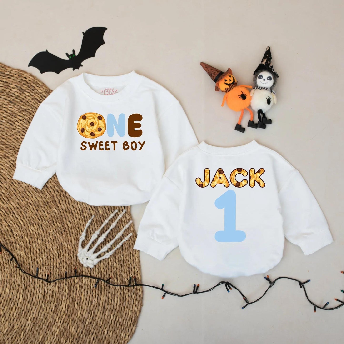 Cute Cookie "ONE SWEET BOY" Romper for Baby Boy First Birthday Outfit with "JACK" Name and Blue '1' Back