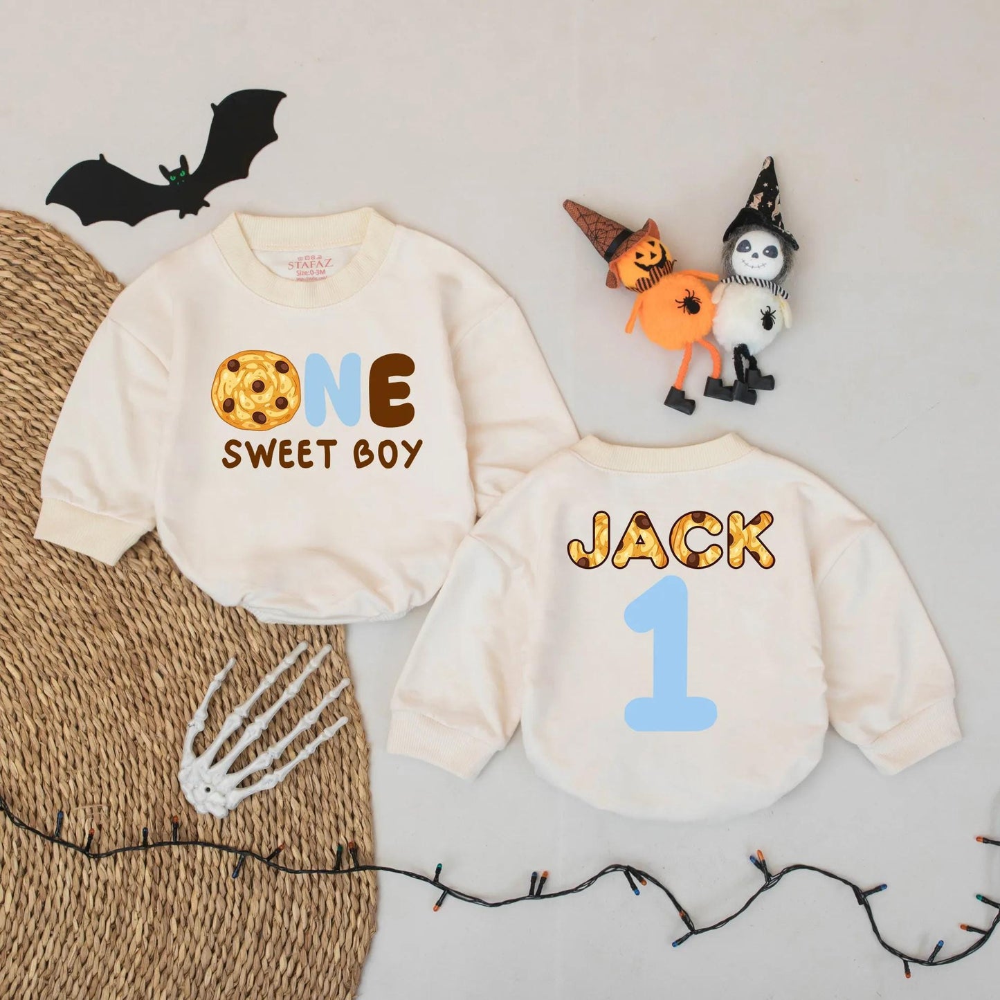 Cute Cookie "ONE SWEET BOY" Romper for Baby Boy First Birthday Outfit with "JACK" Name and Blue '1' Back