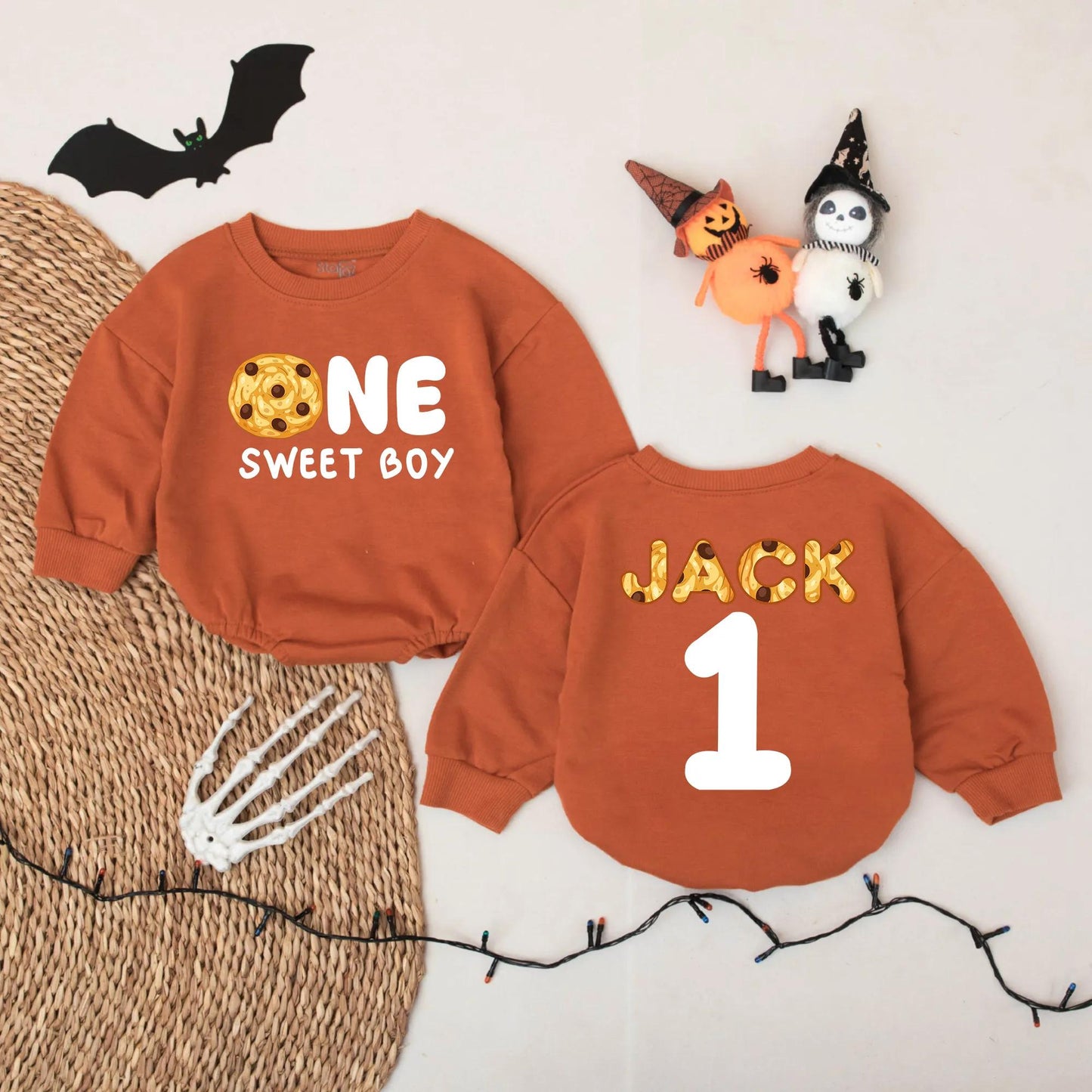 Cute Cookie "ONE SWEET BOY" Romper for Baby Boy First Birthday Outfit with "JACK" Name and Blue '1' Back