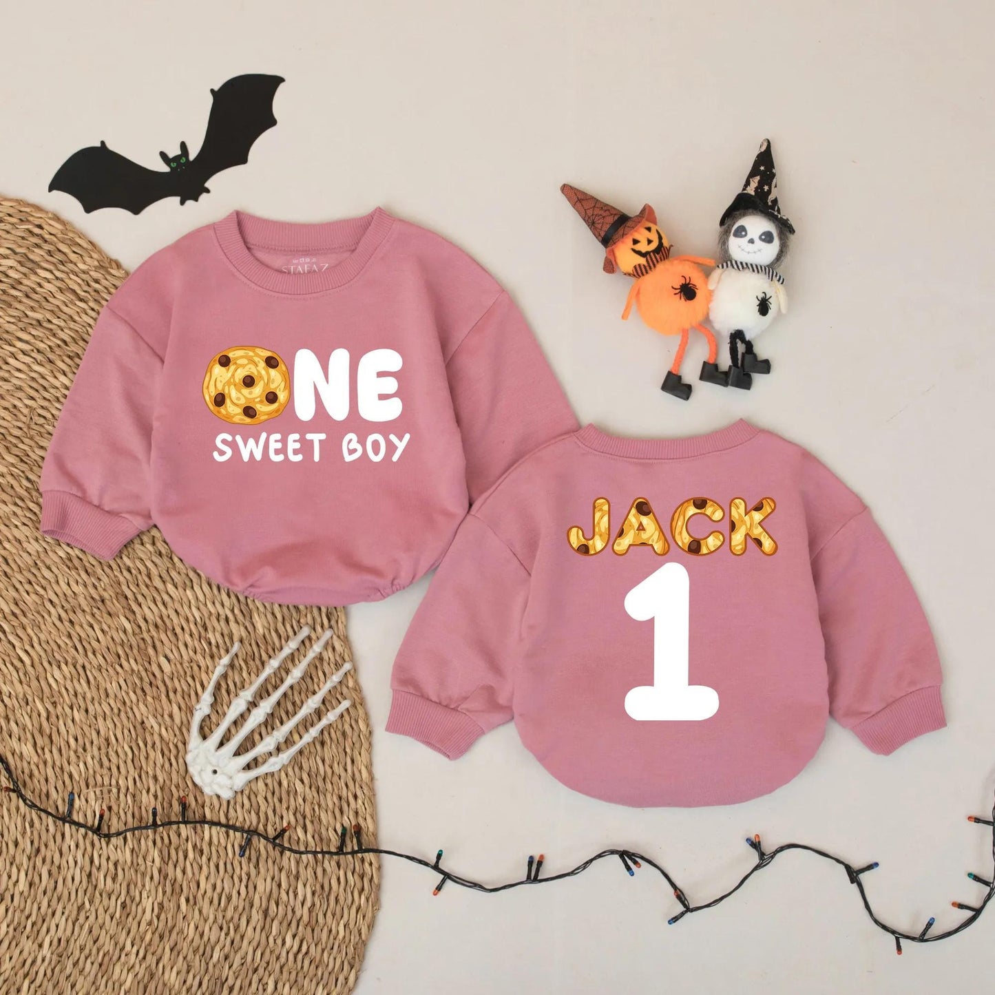 Cute Cookie "ONE SWEET BOY" Romper for Baby Boy First Birthday Outfit with "JACK" Name and Blue '1' Back