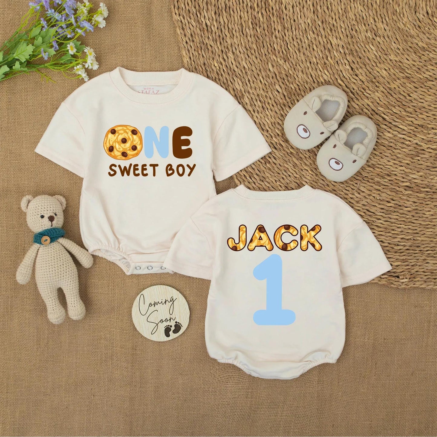 Cute Cookie "ONE SWEET BOY" Romper for Baby Boy First Birthday Outfit with "JACK" Name and Blue '1' Back