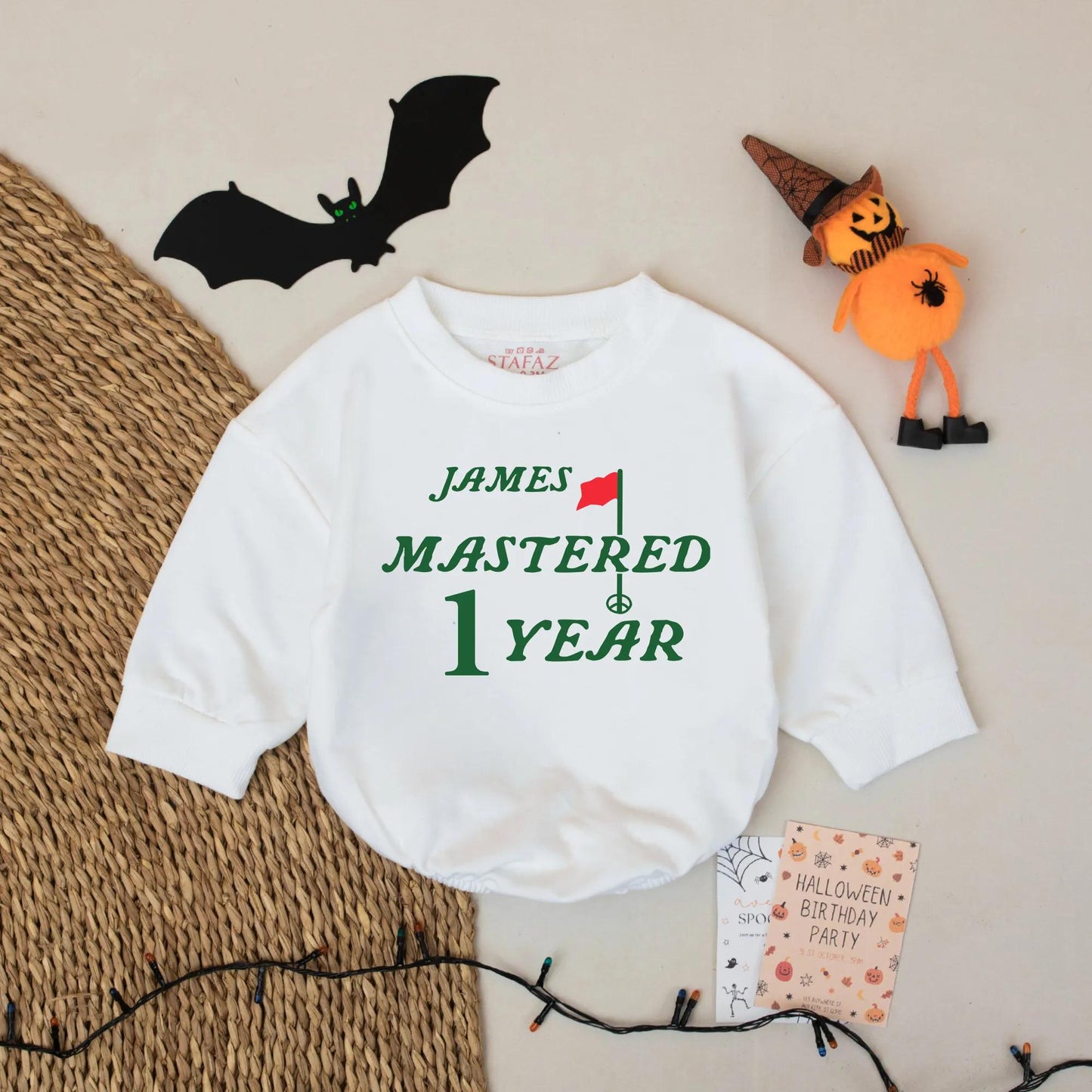 Golf Boy First Birthday Romper with "James Mastered 1 Year" Text Green Font Red Flag and Golf Tee Design Baby Boy Bodysuit Cute Celebration Outfit