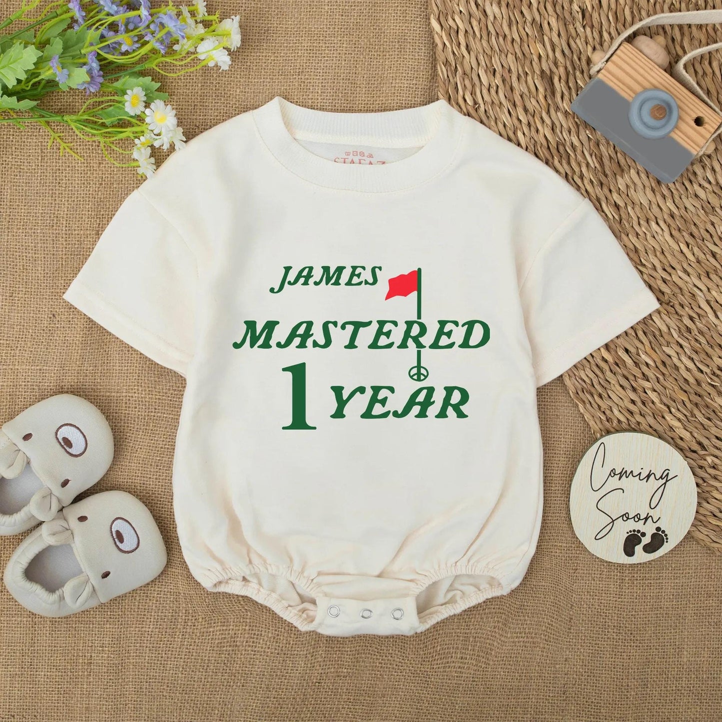 Golf Boy First Birthday Romper with "James Mastered 1 Year" Text Green Font Red Flag and Golf Tee Design Baby Boy Bodysuit Cute Celebration Outfit