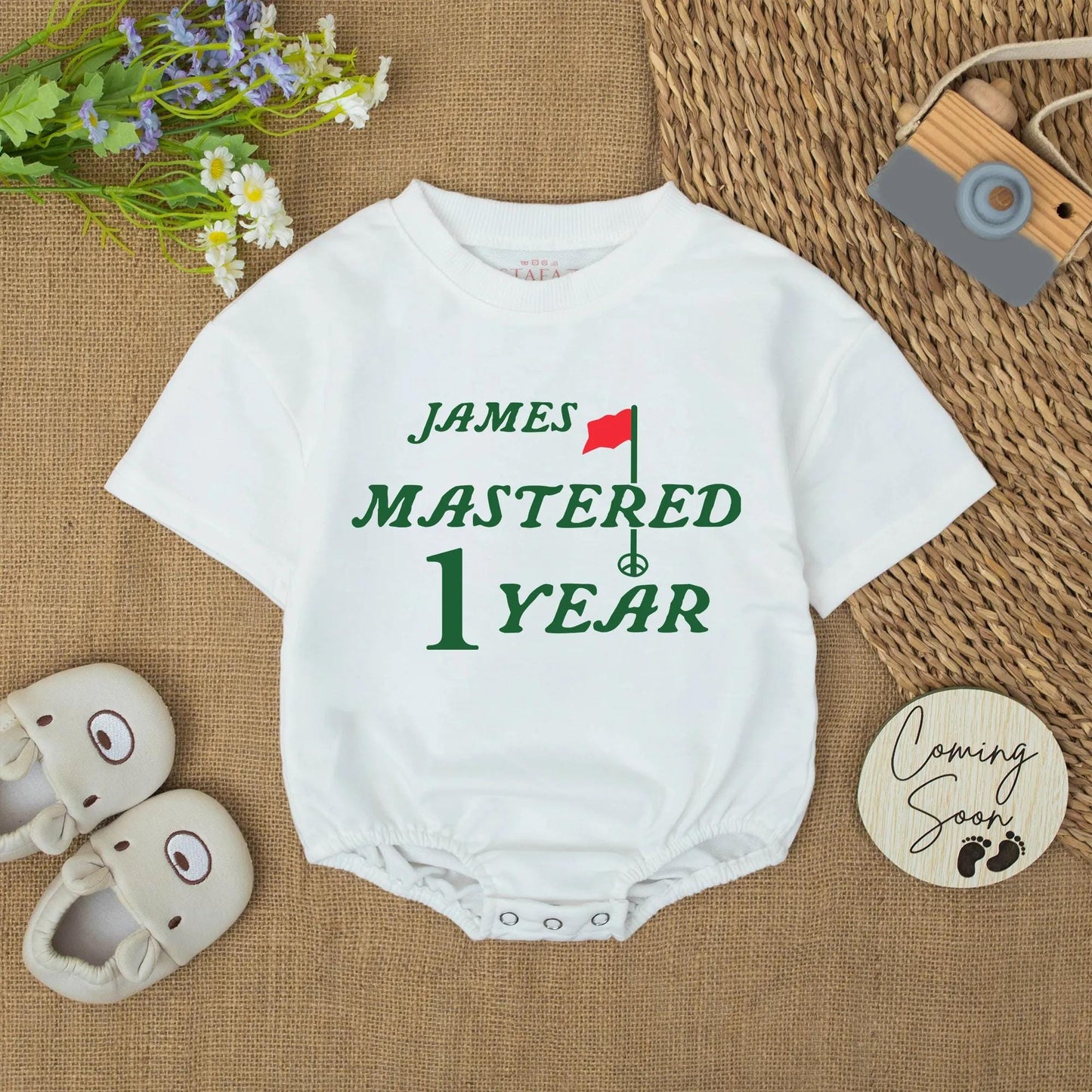 Golf Boy First Birthday Romper with "James Mastered 1 Year" Text Green Font Red Flag and Golf Tee Design Baby Boy Bodysuit Cute Celebration Outfit