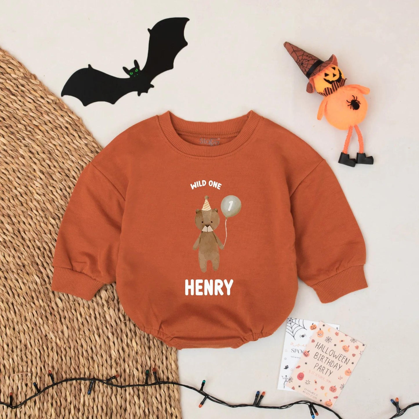 Wild One Bear Balloon First Birthday Romper for Baby Boy Henry Short Sleeve Bubble Outfit Natural Brown and Dark Text