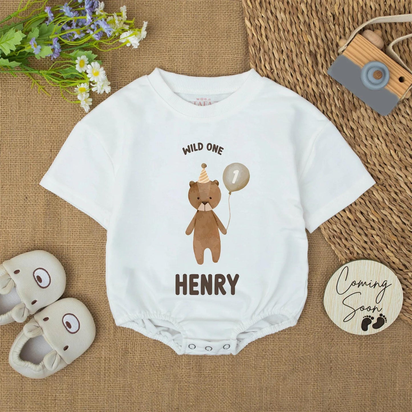 Wild One Bear Balloon First Birthday Romper for Baby Boy Henry Short Sleeve Bubble Outfit Natural Brown and Dark Text