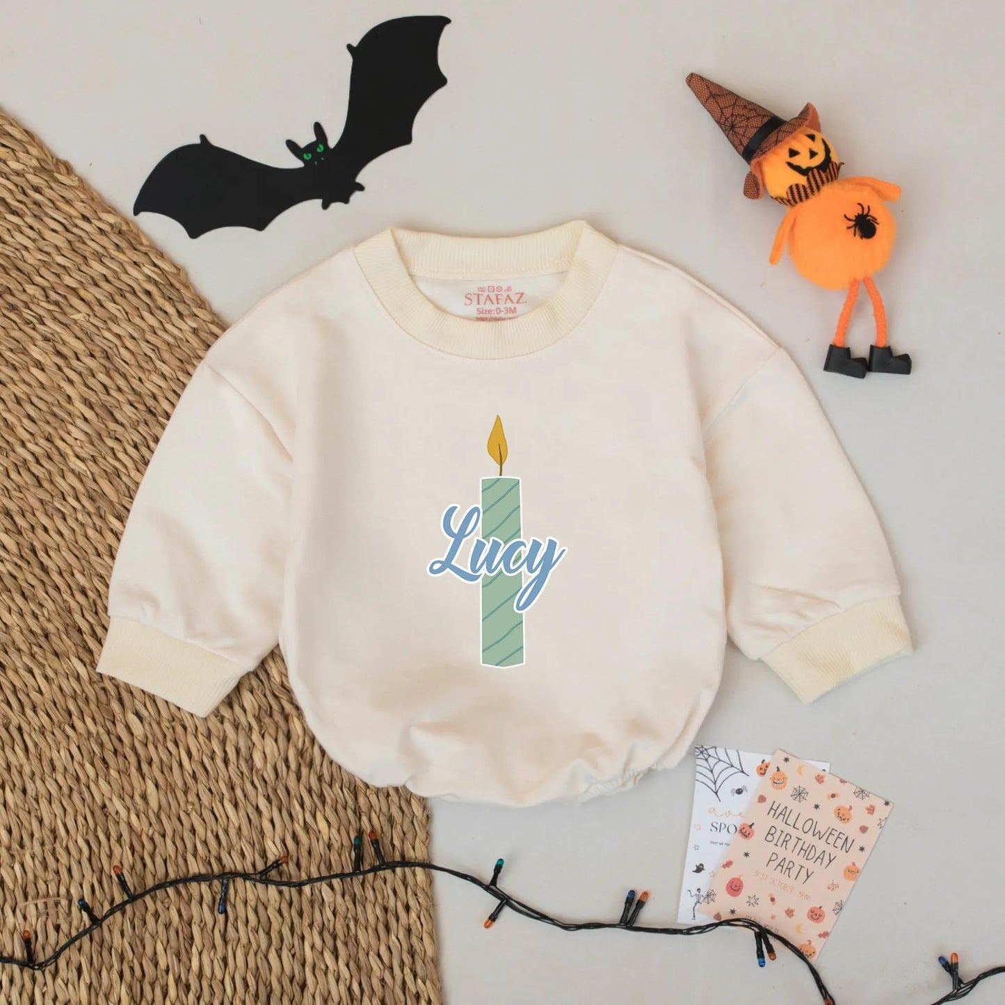 Birthday Candle Blue Birthday Romper with Lucy Name for Baby Girl or Boy First Birthday Outfit Soft Cotton