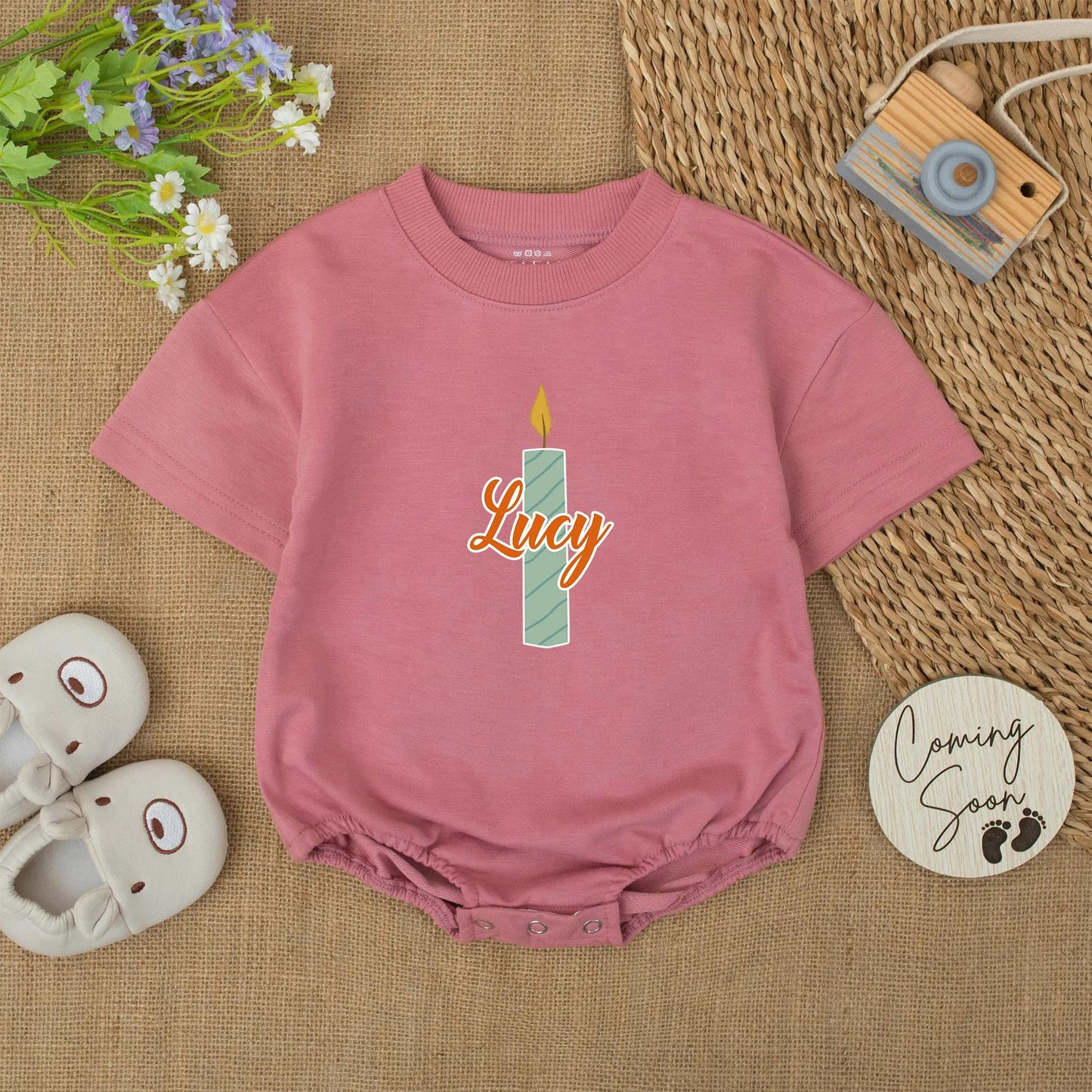 Birthday Candle Blue Birthday Romper with Lucy Name for Baby Girl or Boy First Birthday Outfit Soft Cotton