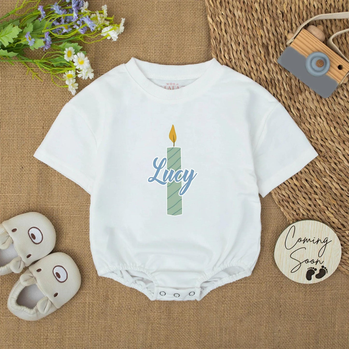 Birthday Candle Blue Birthday Romper with Lucy Name for Baby Girl or Boy First Birthday Outfit Soft Cotton