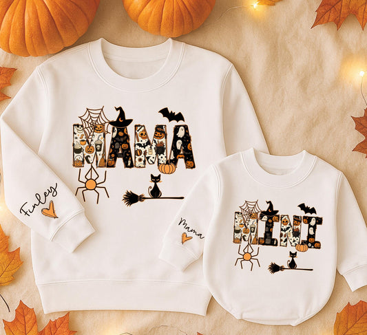 Mama & Mini Halloween Sweatshirts: Matching Family Outfits with Pumpkin, Ghost Letters - Cute Mommy and Me Fall Party Costume Romper Baby Gift Set