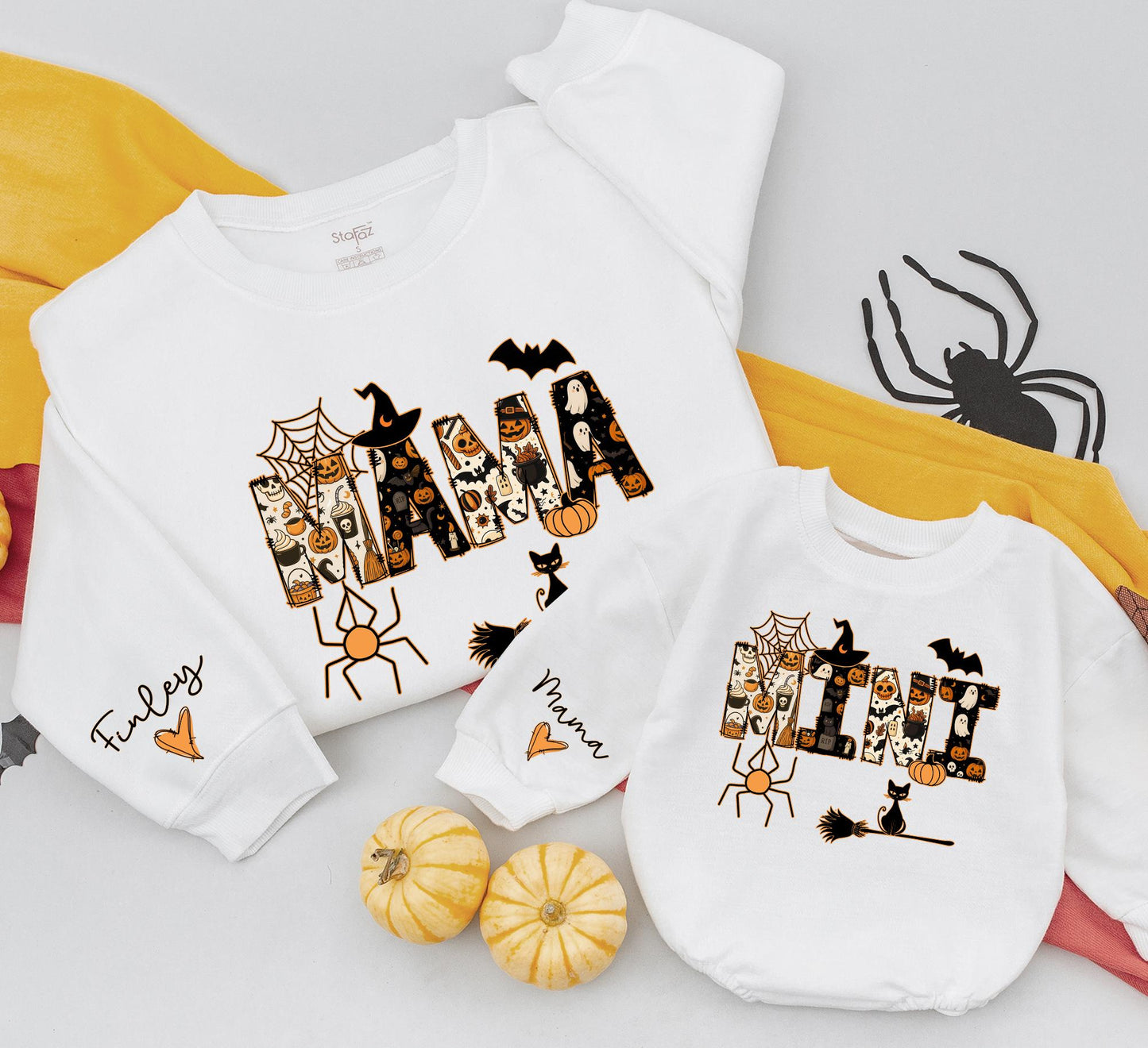 Mama & Mini Halloween Sweatshirts: Matching Family Outfits with Pumpkin, Ghost Letters - Cute Mommy and Me Fall Party Costume Romper Baby Gift Set