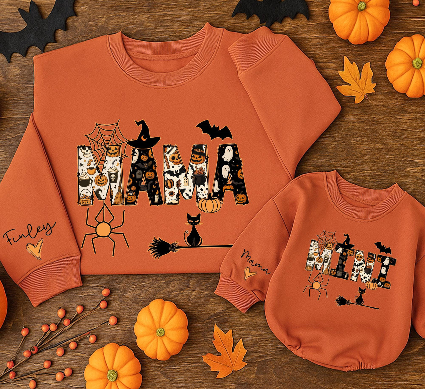 Mama & Mini Halloween Sweatshirts: Matching Family Outfits with Pumpkin, Ghost Letters - Cute Mommy and Me Fall Party Costume Romper Baby Gift Set
