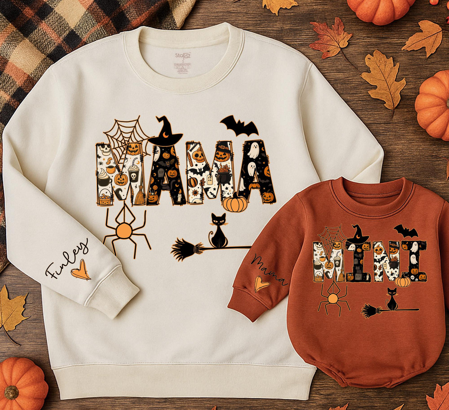 Mama & Mini Halloween Sweatshirts: Matching Family Outfits with Pumpkin, Ghost Letters - Cute Mommy and Me Fall Party Costume Romper Baby Gift Set