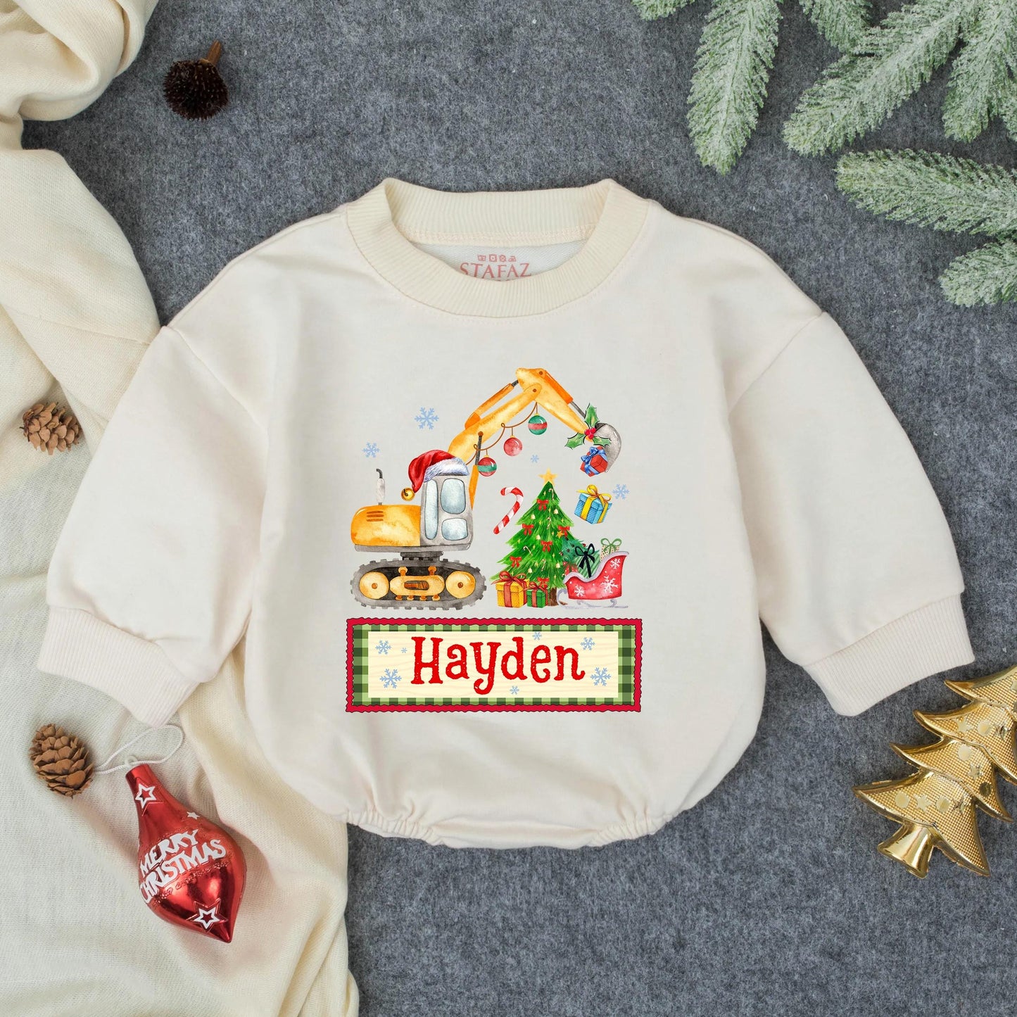 Whimsical Christmas Excavator Boy Bubble Romper, Toddler Holiday Construction Outfit with Santa Hat, Gifts & Tree, Baby Xmas Sweatshirt