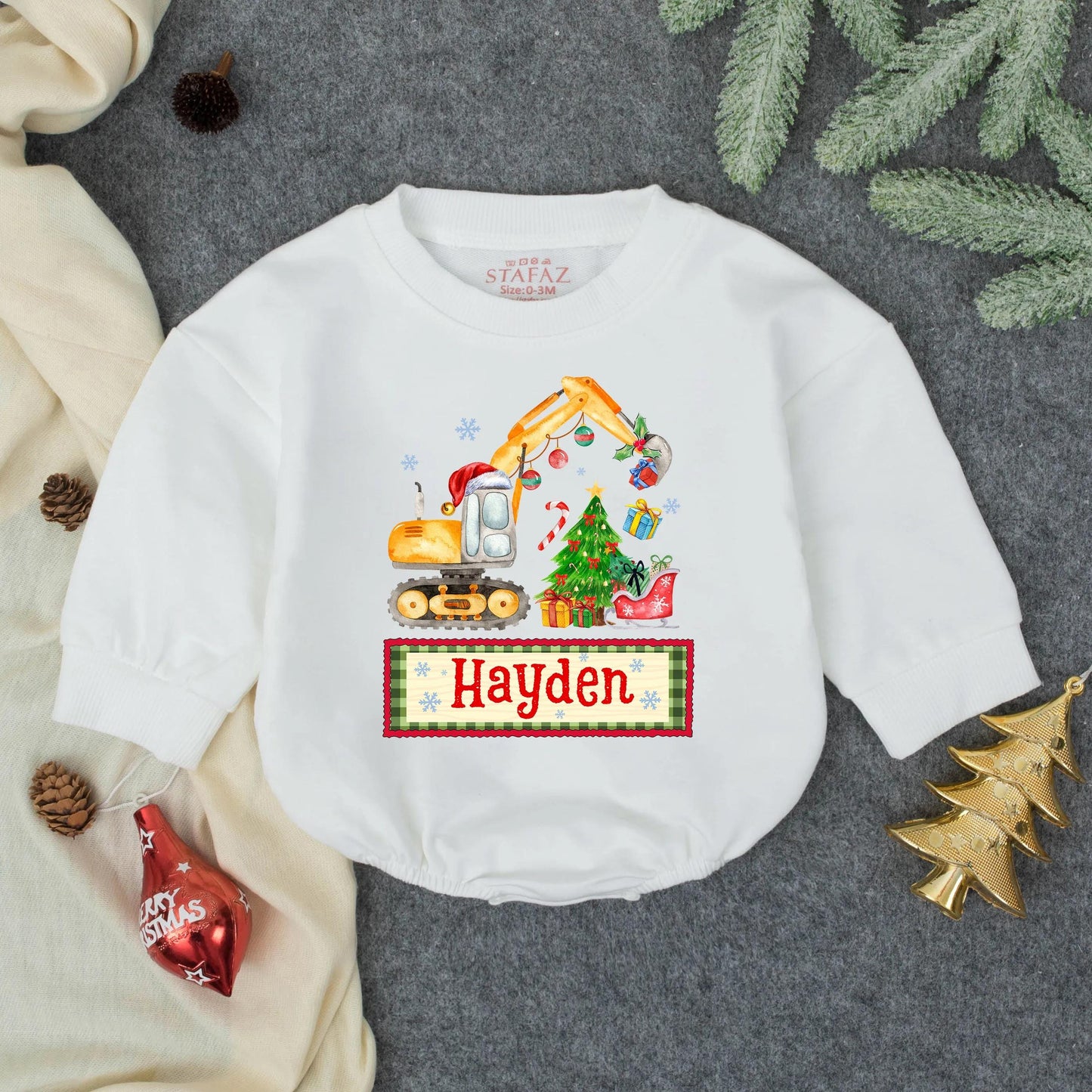 Whimsical Christmas Excavator Boy Bubble Romper, Toddler Holiday Construction Outfit with Santa Hat, Gifts & Tree, Baby Xmas Sweatshirt