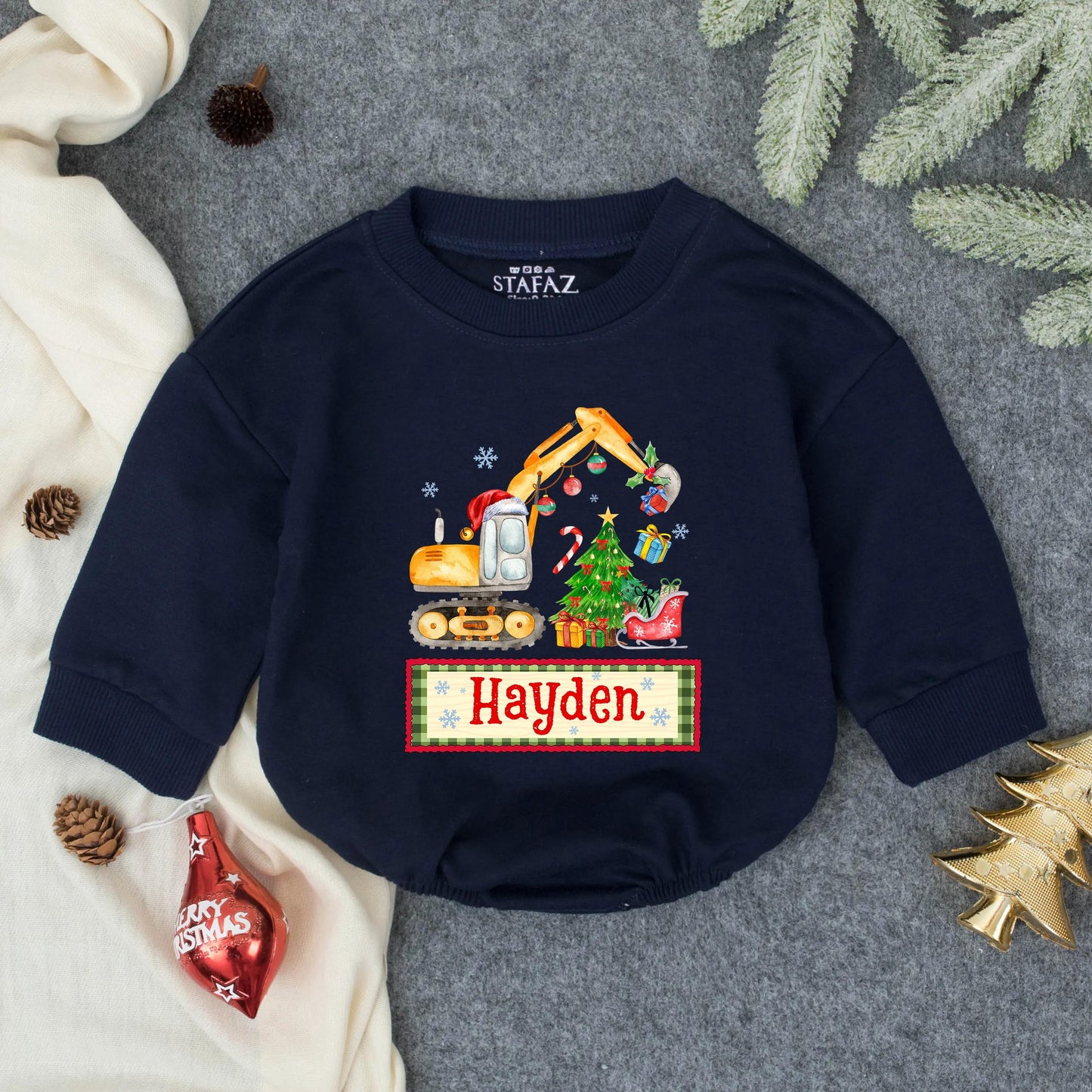 Whimsical Christmas Excavator Boy Bubble Romper, Toddler Holiday Construction Outfit with Santa Hat, Gifts & Tree, Baby Xmas Sweatshirt