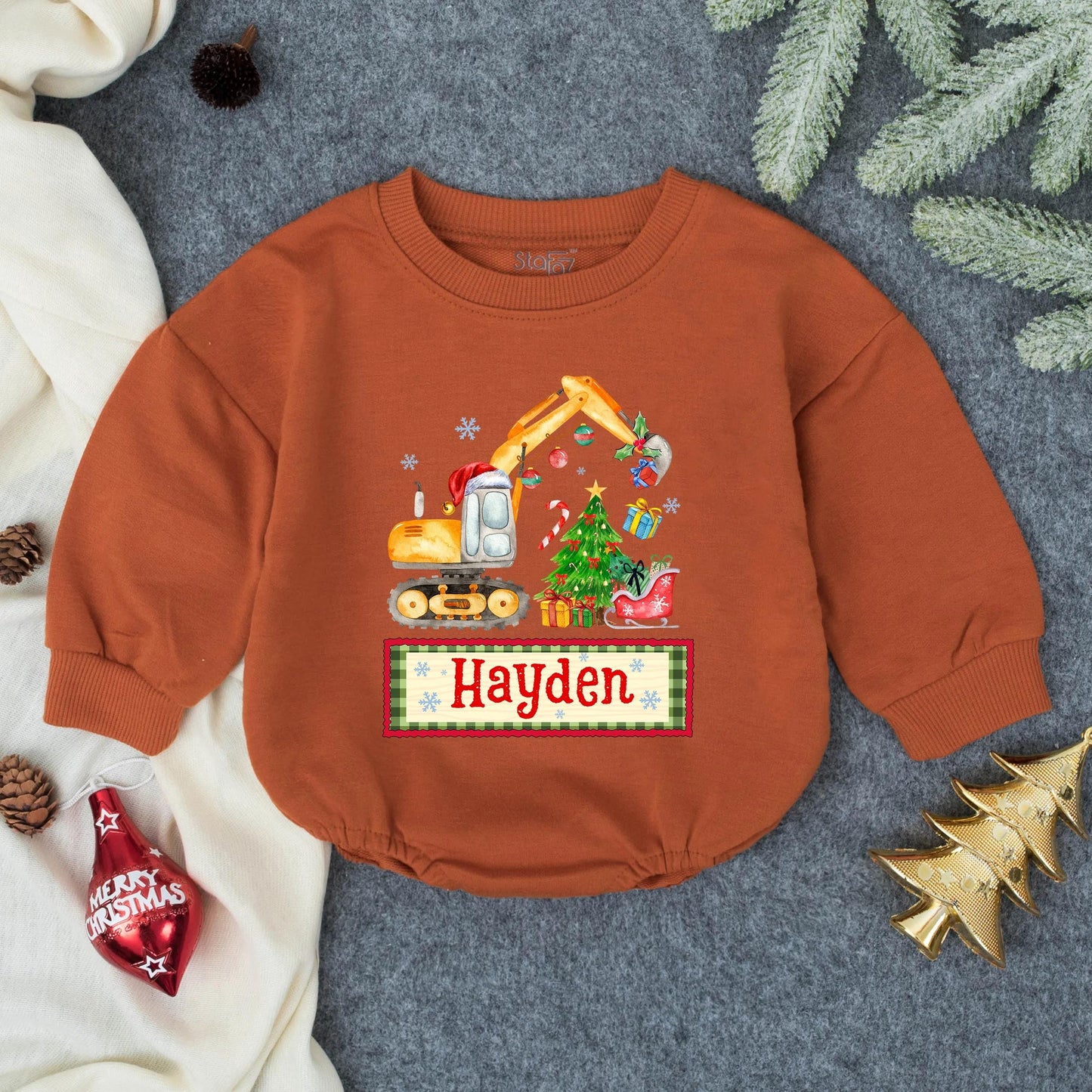 Whimsical Christmas Excavator Boy Bubble Romper, Toddler Holiday Construction Outfit with Santa Hat, Gifts & Tree, Baby Xmas Sweatshirt