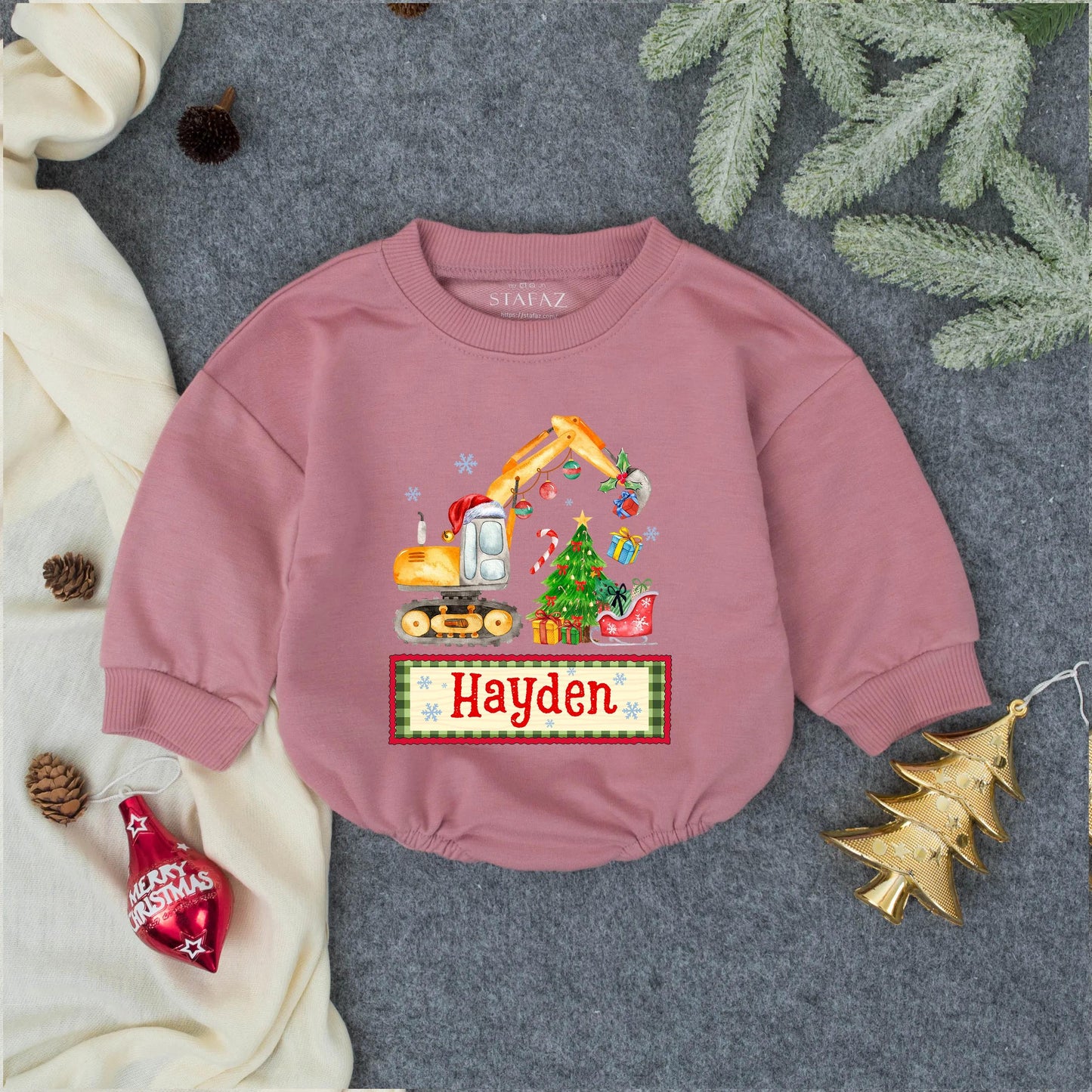 Whimsical Christmas Excavator Boy Bubble Romper, Toddler Holiday Construction Outfit with Santa Hat, Gifts & Tree, Baby Xmas Sweatshirt