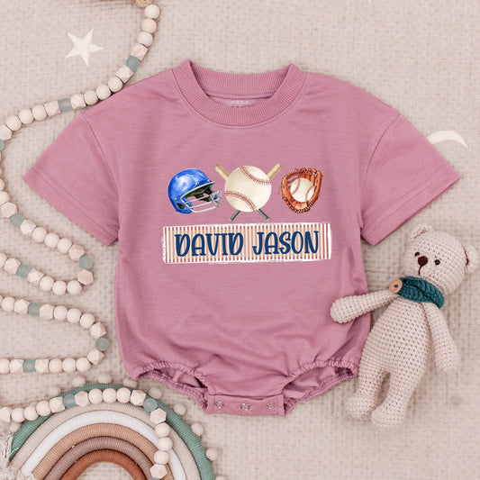 Personalized Baseball Star Romper: Custom Name Blue Helmet & Bats Baby Bodysuit, Little Slugger Outfit, Infant Sports Tee, Patriotic Kids Game Day Shirt