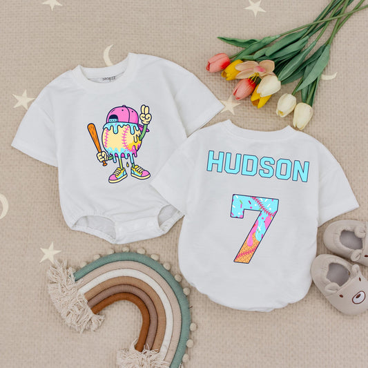 Baseball Drip Boy Shirt Custom Name Number, Ice Cream Romper Set, Personalized Baseball Outfit for Kids, Toddler First Birthday Party Clothes 138