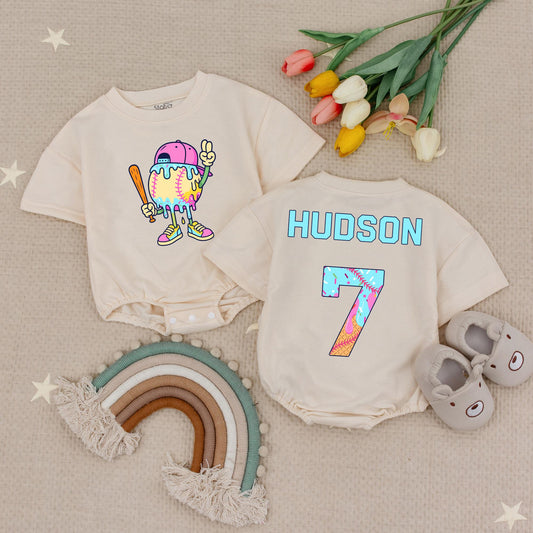 Baseball Drip Boy Shirt Custom Name Number, Ice Cream Romper Set, Personalized Baseball Outfit for Kids, Toddler First Birthday Party Clothes 138