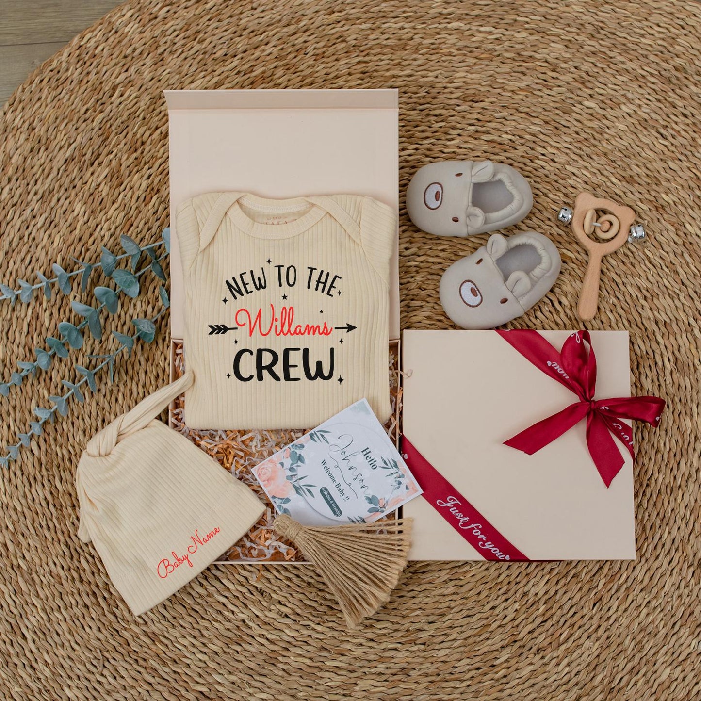 Custom New To The Crew Baby Bodysuit & Williams Name Outfit, Newborn Gift Set, Red Script with Stars Baby Announcement