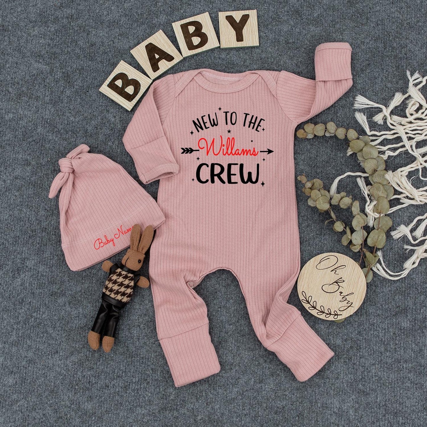 Custom New To The Crew Baby Bodysuit & Williams Name Outfit, Newborn Gift Set, Red Script with Stars Baby Announcement