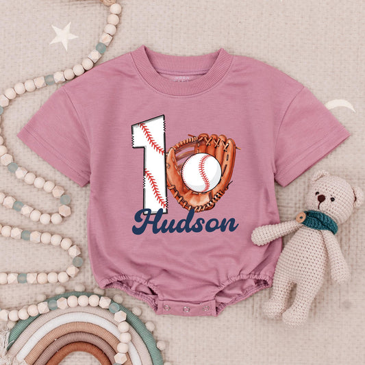Hudson Baseball Rookie of The Year First Birthday Baby Romper Custom Name 1st Birthday Party Bodysuit Boy One Year Old Outfit