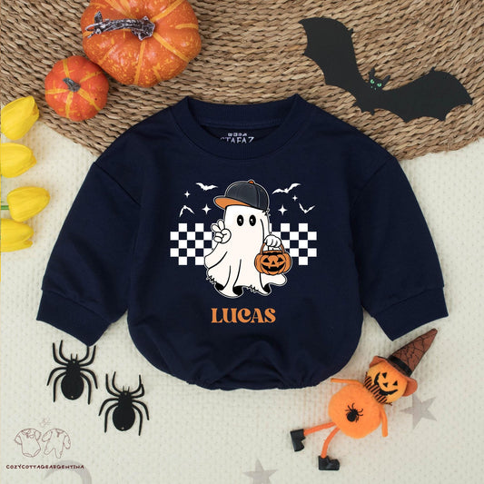 Cute Ghost Halloween Romper for Baby Boys with Baseball Cap and Jack-o'-Lantern, Personalized LUCAS Name, Stars & Bats, Checkerboard Pattern, First Halloween Outfit
