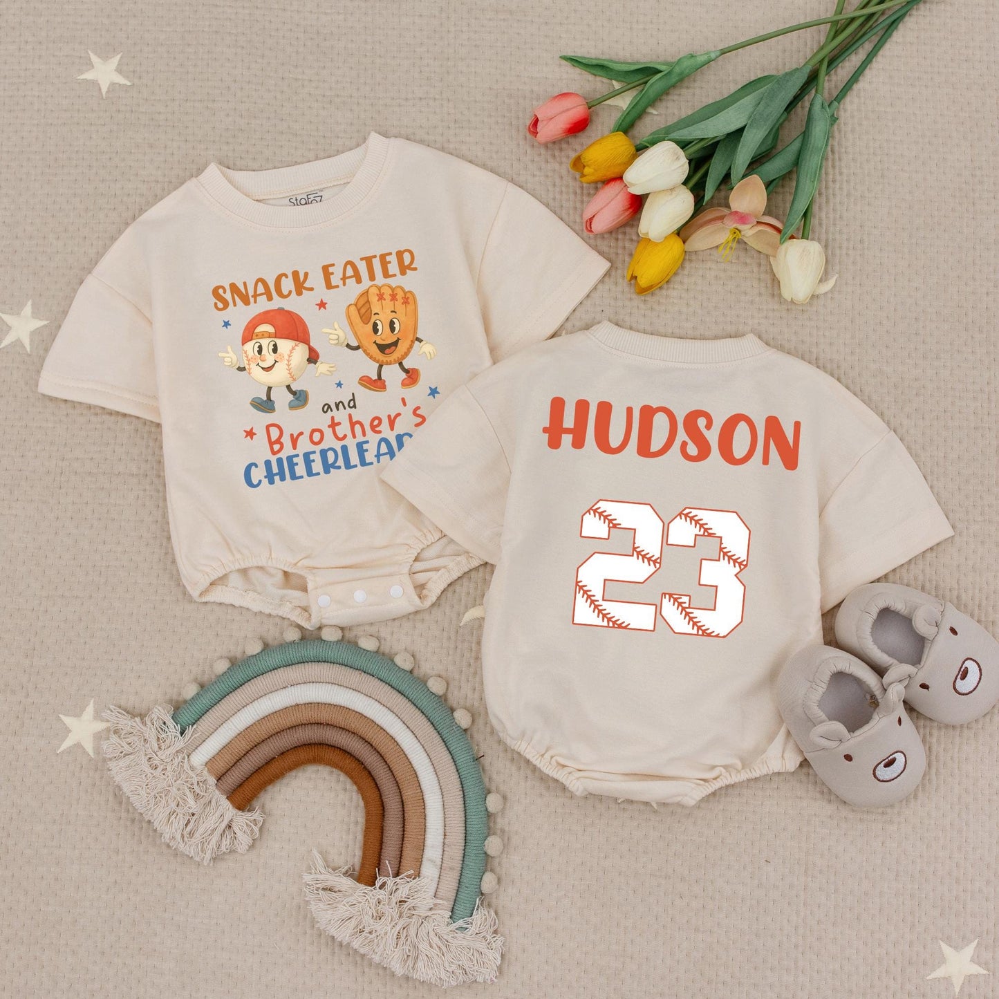 SNACK EATER & Brother's Cheerleader Baby Romper, Hudson 23 Baseball Toddler Tee, Playful Orange & Blue Design, Baseball Sibling Gift