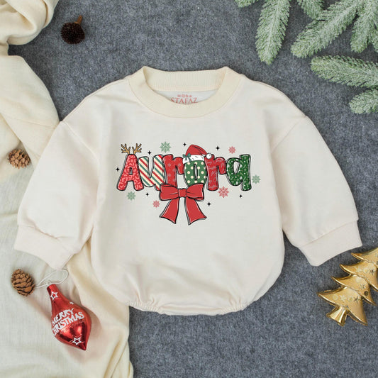 Personalized Name Christmas Baby Bodysuit Festive Holiday Infant Romper Red Green Design Bow Snowflakes Whimsical Newborn Outfit Baby Shower Gift