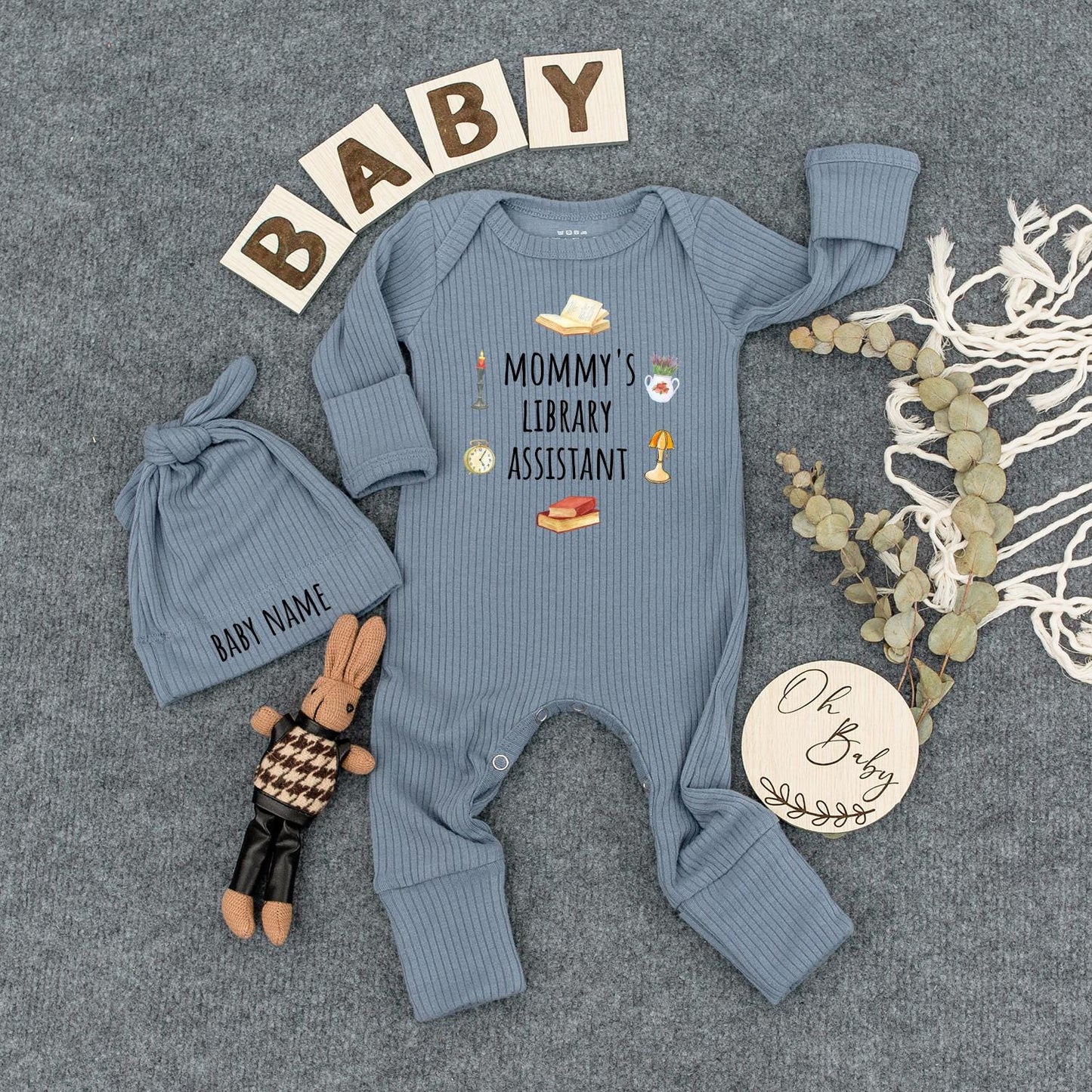 Mommy's Library Assistant Baby Bodysuit Cute Book Theme Romper Soft Muted Colors Personalized Name Hat Baby Shower Gift for Book Lovers