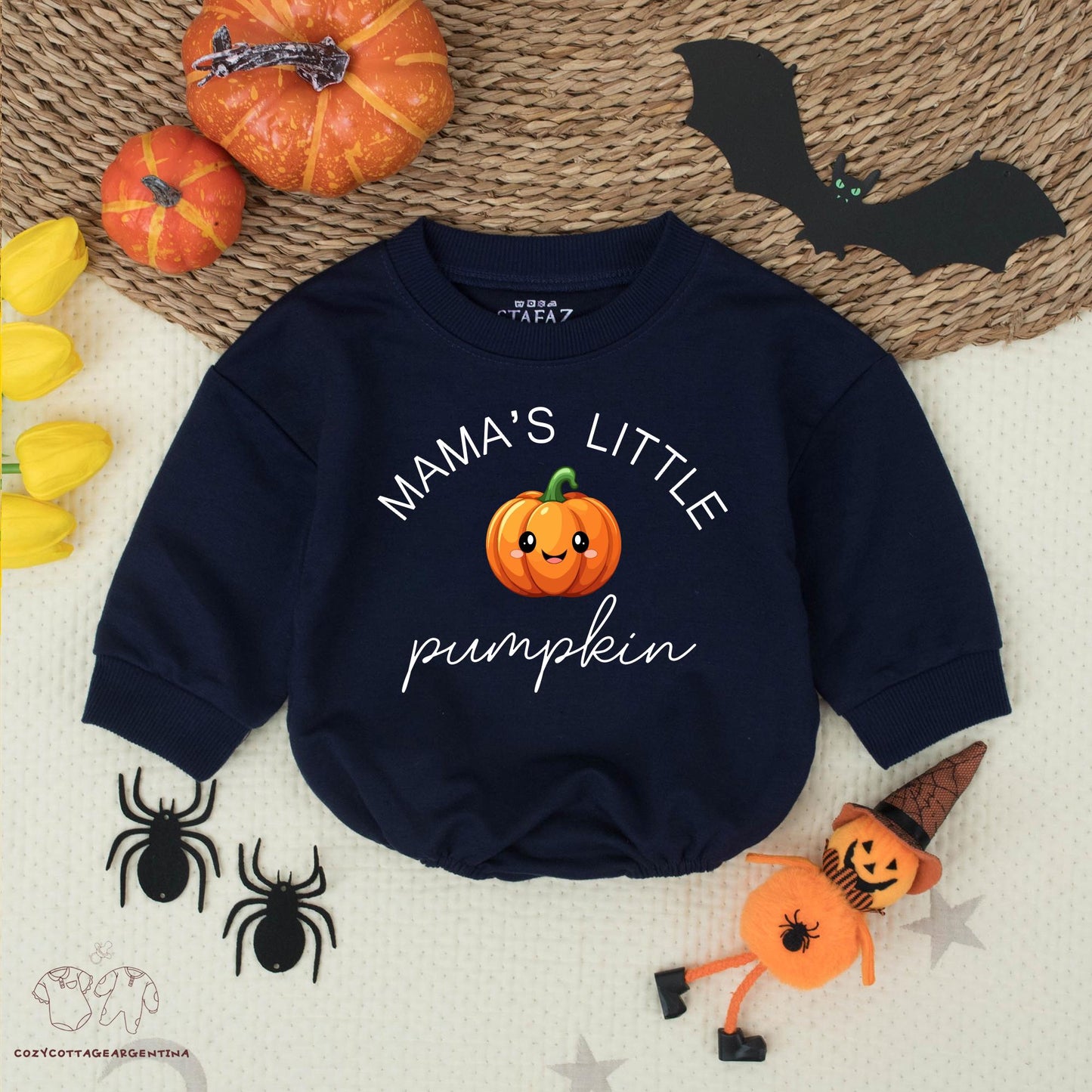 Mama's Little Pumpkin Baby Romper Cute Halloween Fall Outfit Smiling Pumpkin Black Font Script "Pumpkin" Gift Baby Clothes