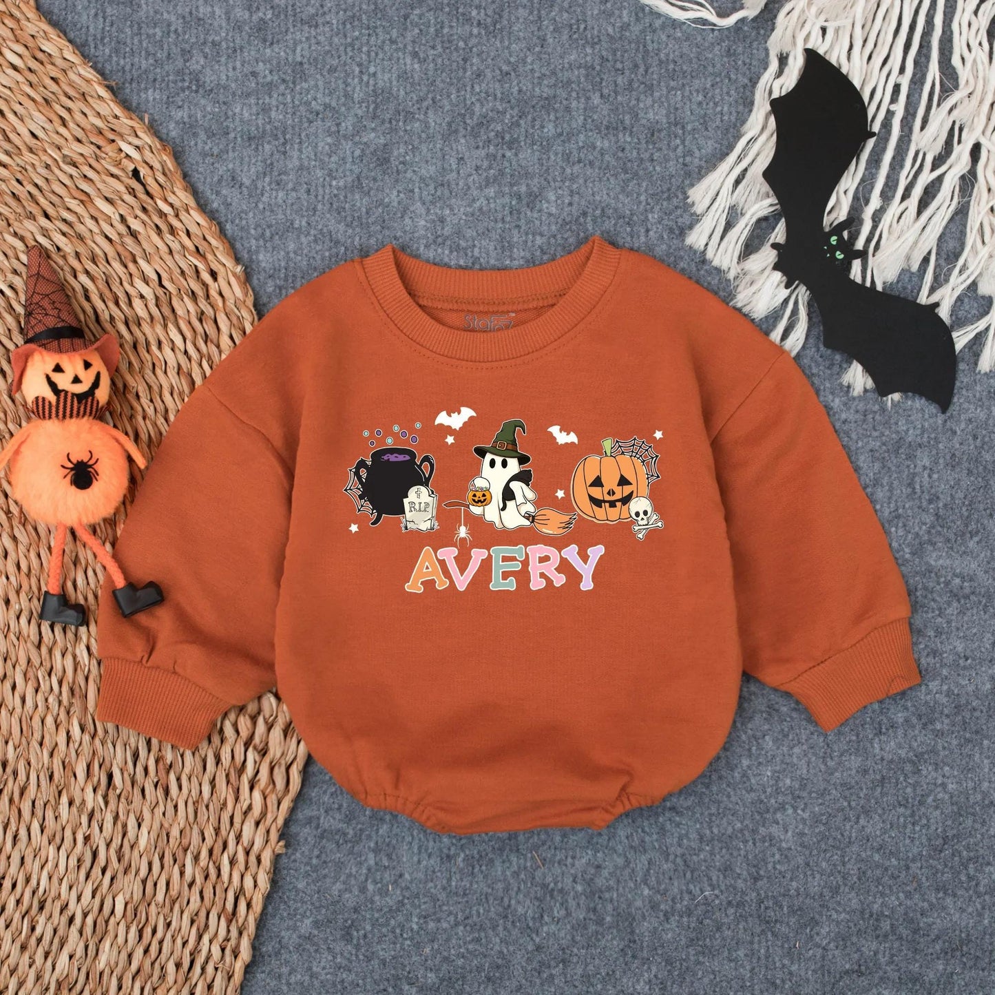Personalized My First Halloween Romper Cute Spooky Baby Outfit with Ghost, Pumpkin & Bats Goose Baby Clothes Halloween Gift Baby Shower 137 chars