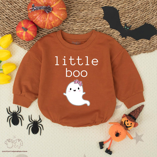 Little Boo Ghost Baby Romper Cute Halloween Bodysuit Infant Fall Outfit Newborn Halloween Clothes Friendly Smile Pink Bow Cozy