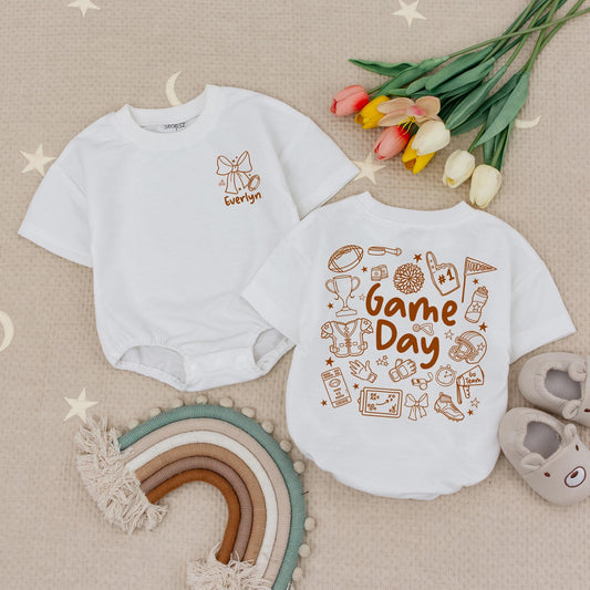 Custom Name Football Game Day Baby Romper with Bow Stars, Cute Football Season Infant Bodysuit in Earthy Brown Tones
