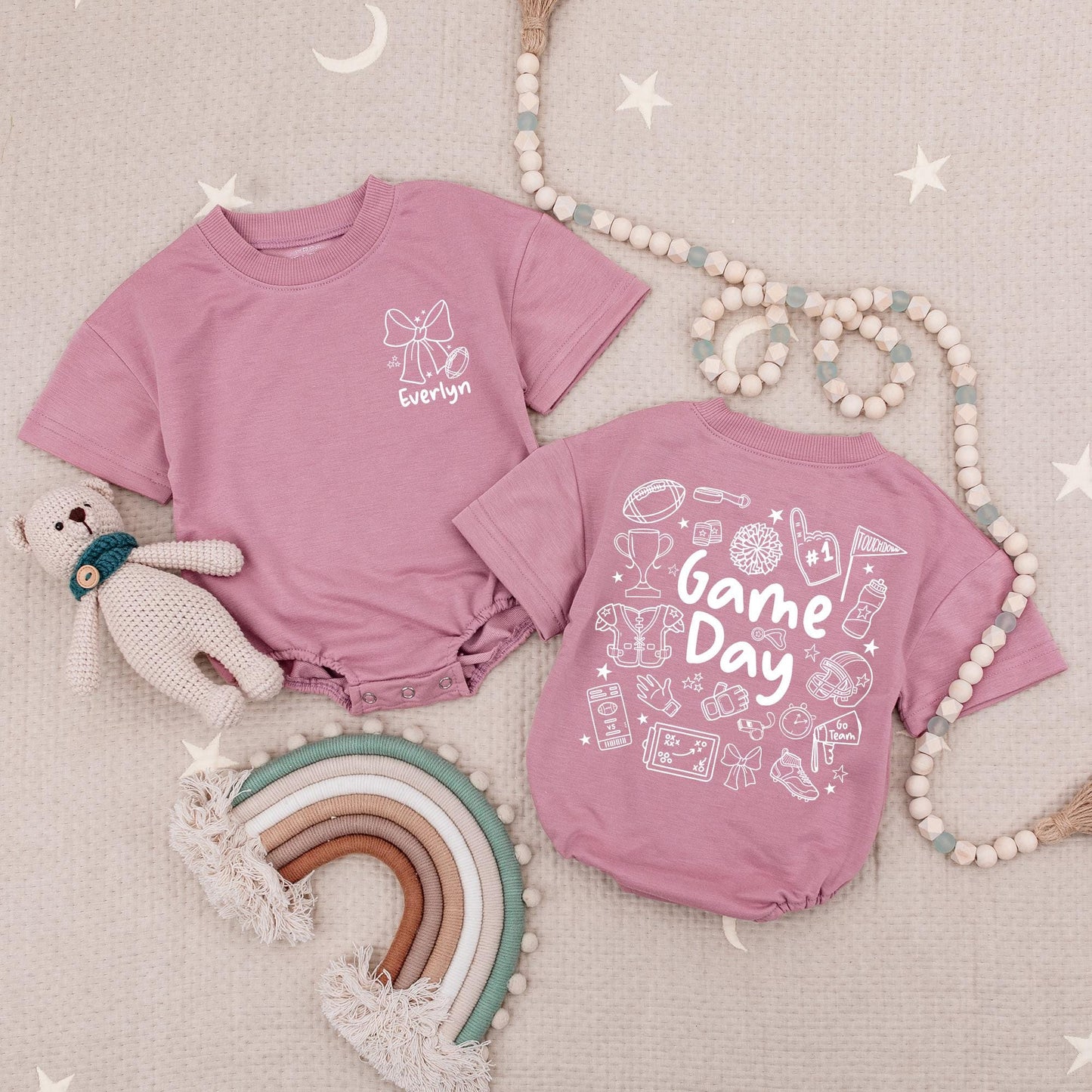 Custom Name Football Game Day Baby Romper with Bow Stars, Cute Football Season Infant Bodysuit in Earthy Brown Tones