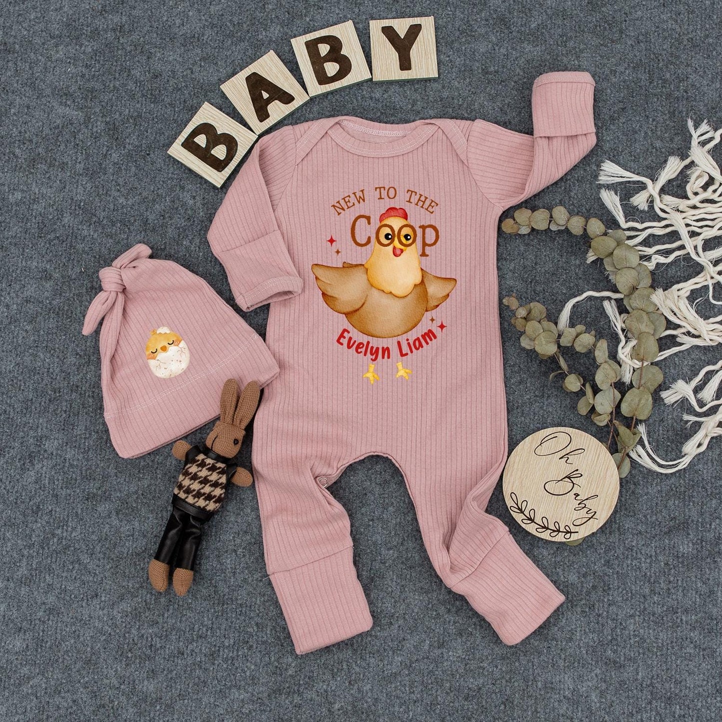 New to the Coop Baby Romper with Cartoon Chicken Funny Farm Animal Outfit Personalized Newborn Coming Home Gift