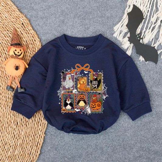 Chick or Treat Halloween Baby Romper Spooky Chicken Cartoon Illustrations Festive Orange Purple Green Black White Cute Halloween Gift Idea